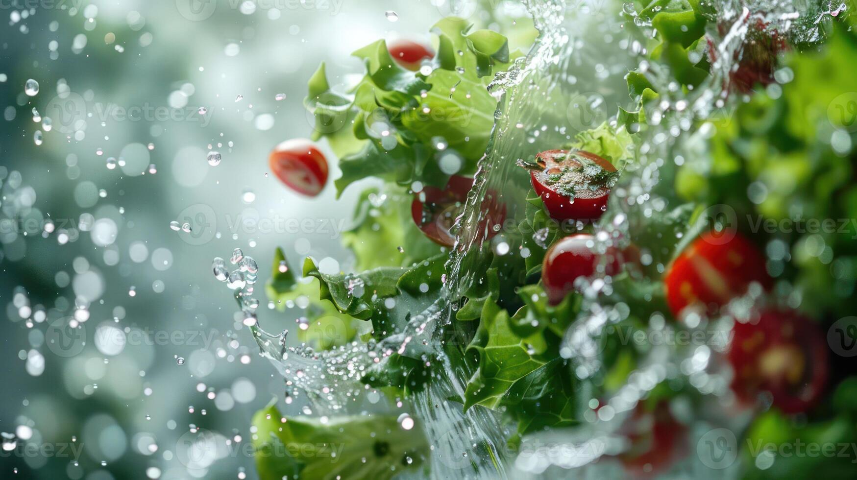 Fresh lettuce and cherry tomatoes splashing in water, conveying freshness and vitality. photo