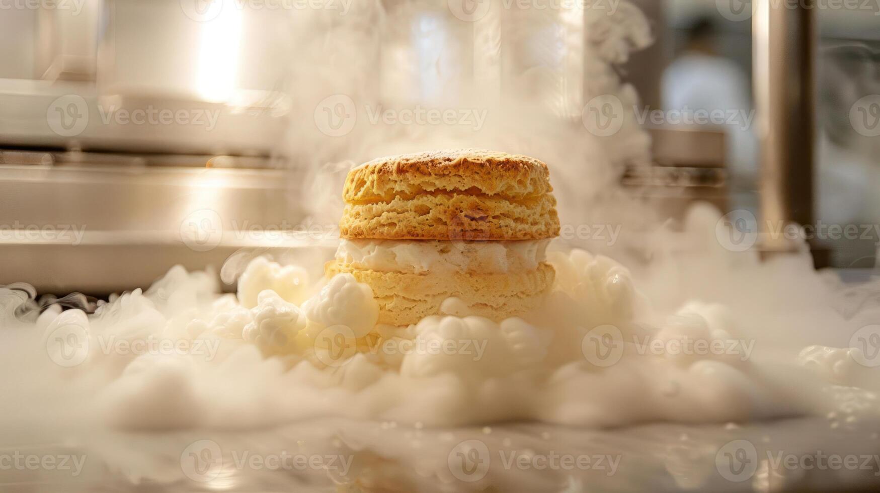 A dessert layered with cream, surrounded by mist, creating an intriguing visual effect. photo