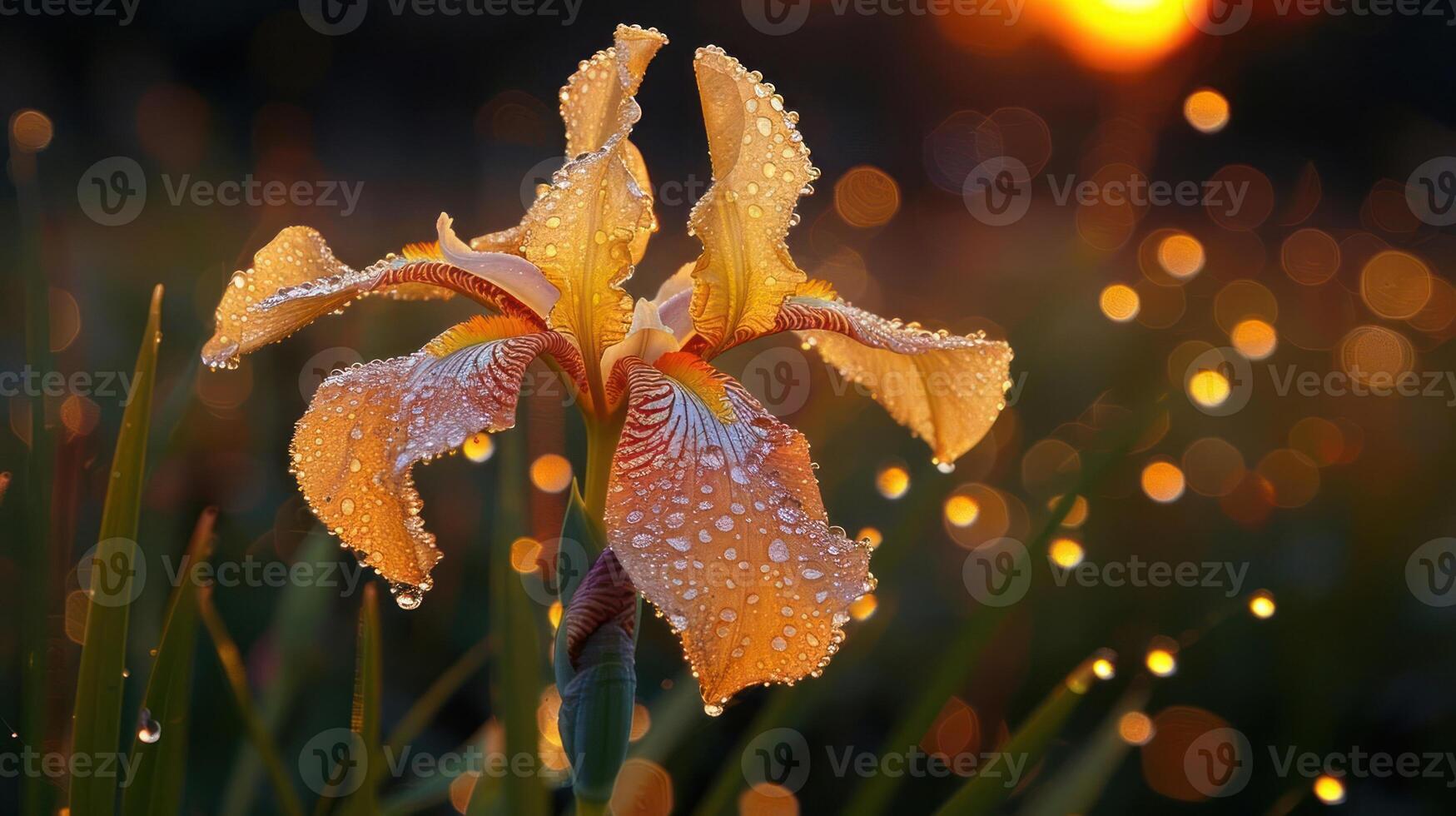A close-up of a vibrant iris flower adorned with water droplets, set against a bokeh sunset. photo