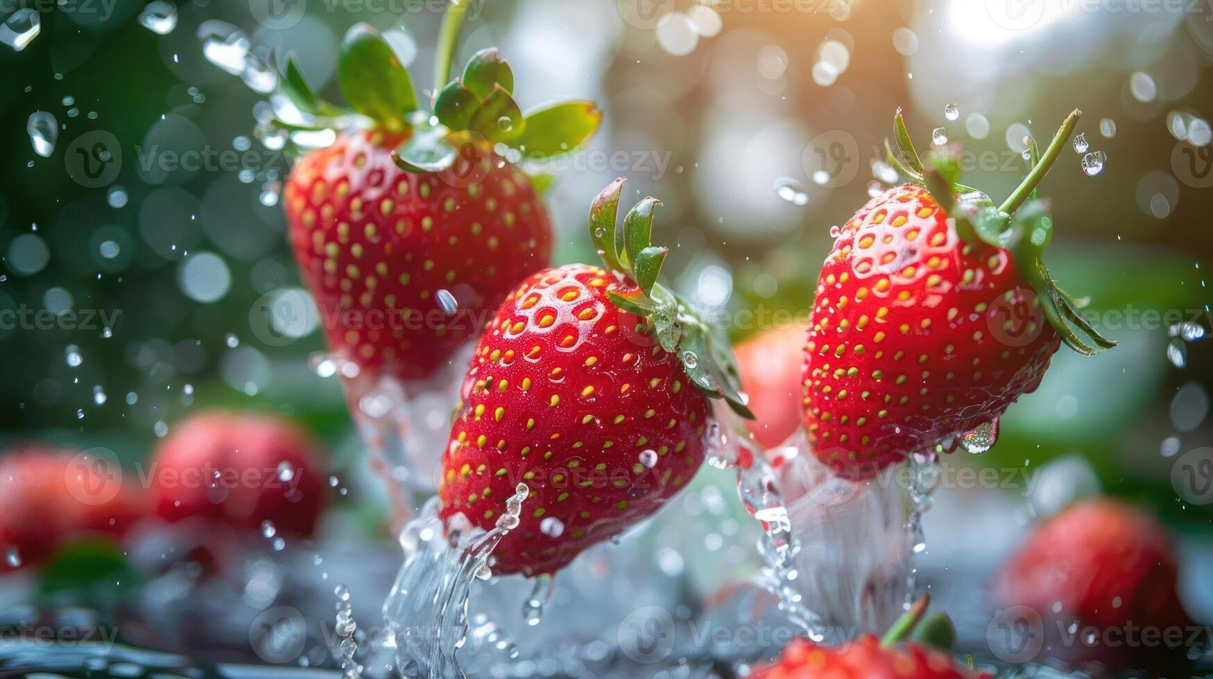 Fresh strawberries splashing in water, highlighting their vibrant color and freshness. photo