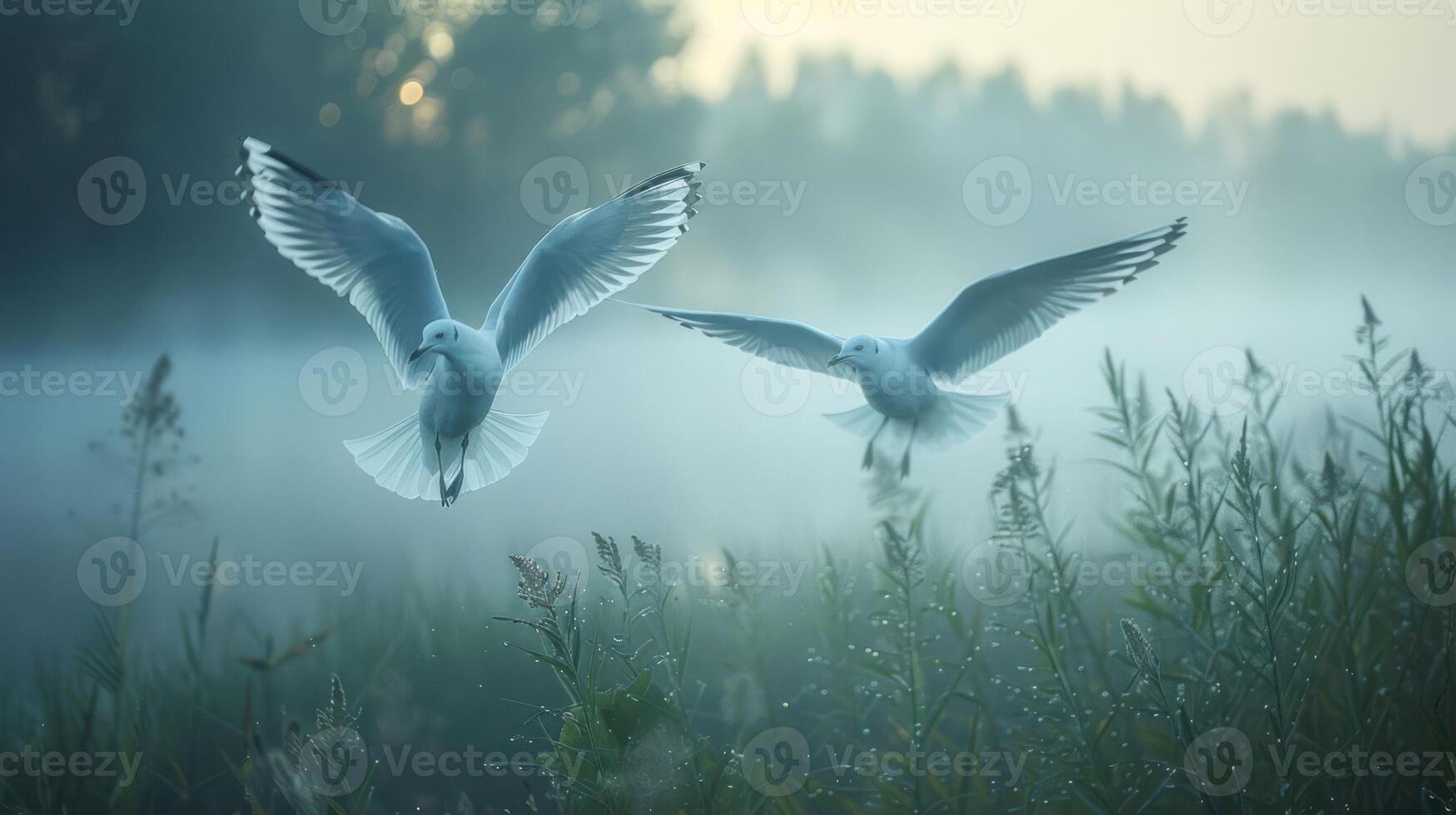Two seagulls flying over a misty landscape with tall grasses in the foreground. photo