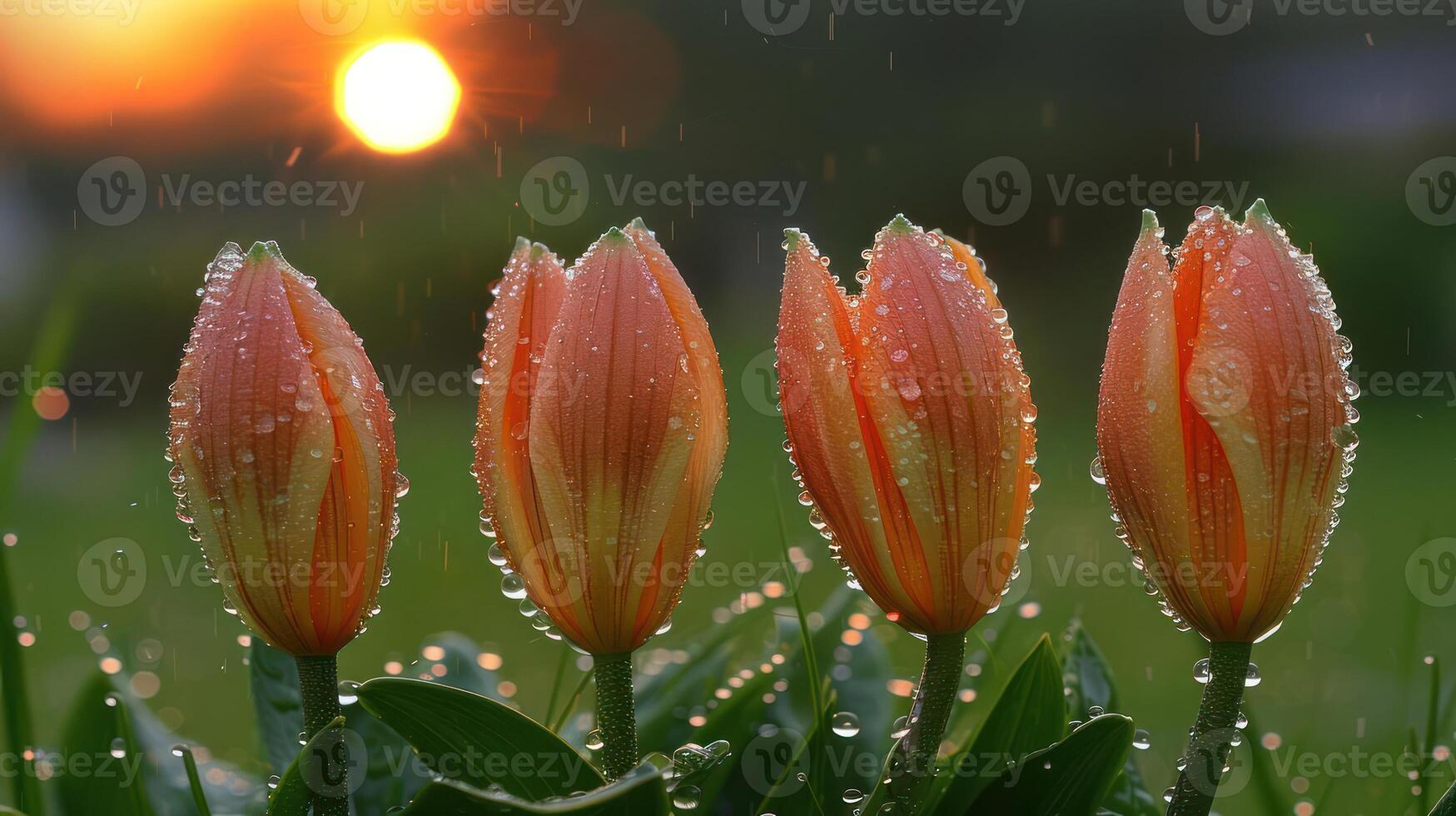 Four blooming tulips glisten with raindrops as the sun sets in the background. photo