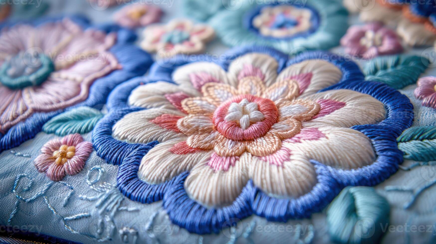 A close-up of intricate floral embroidery showcasing vibrant colors and detailed stitching. photo