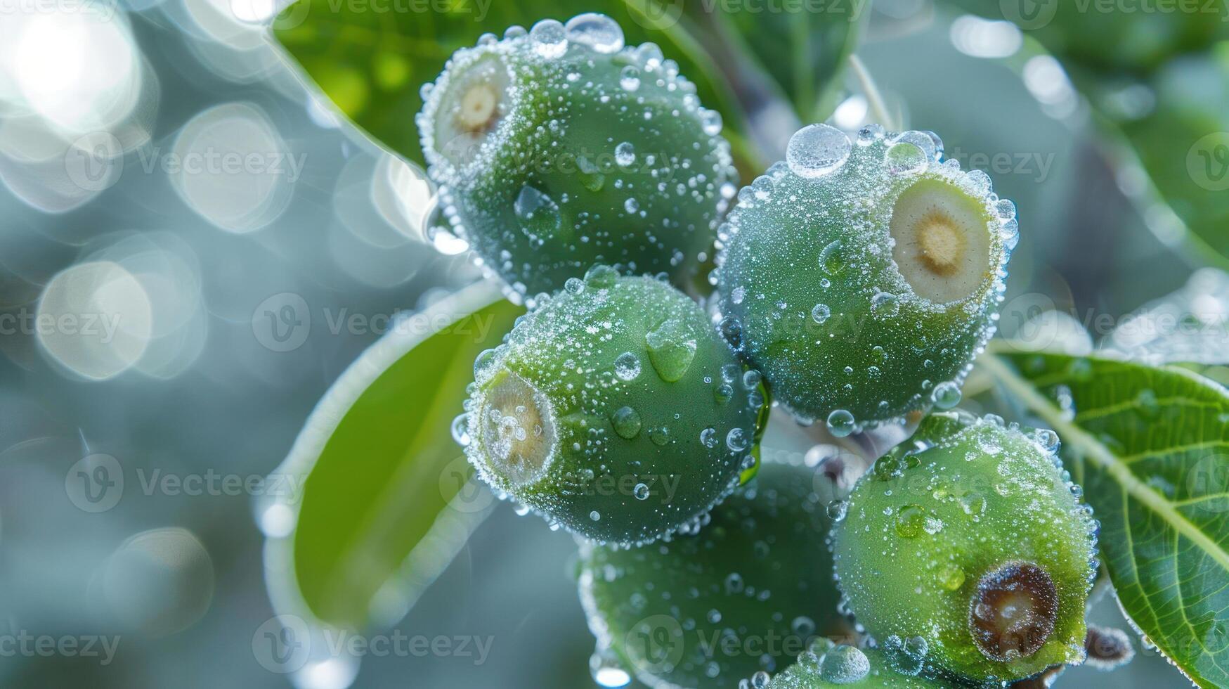 Close-up of dew-covered green fruits on a branch surrounded by leaves. photo