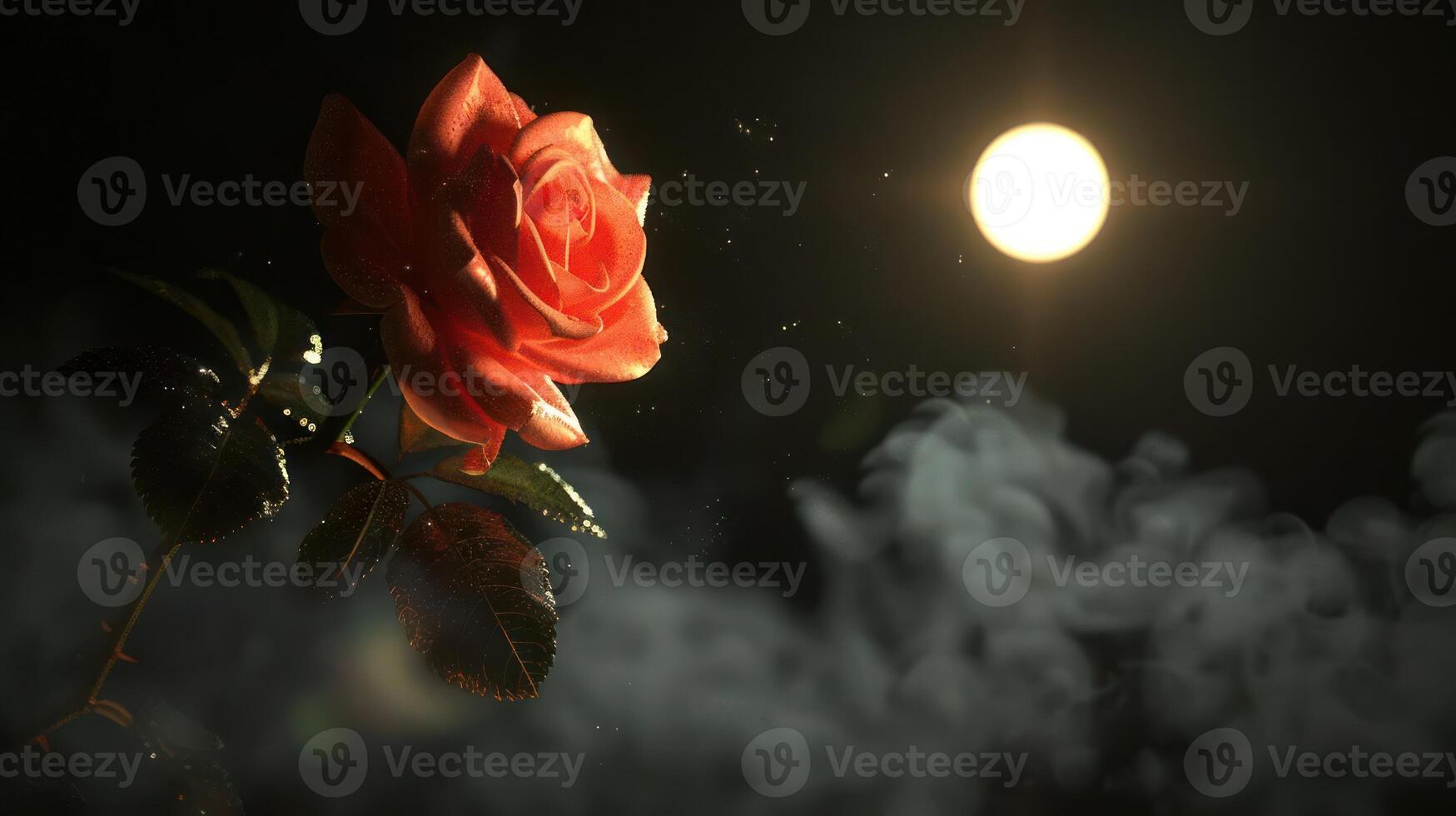 A glowing rose illuminated by a soft light amidst swirling mist. photo