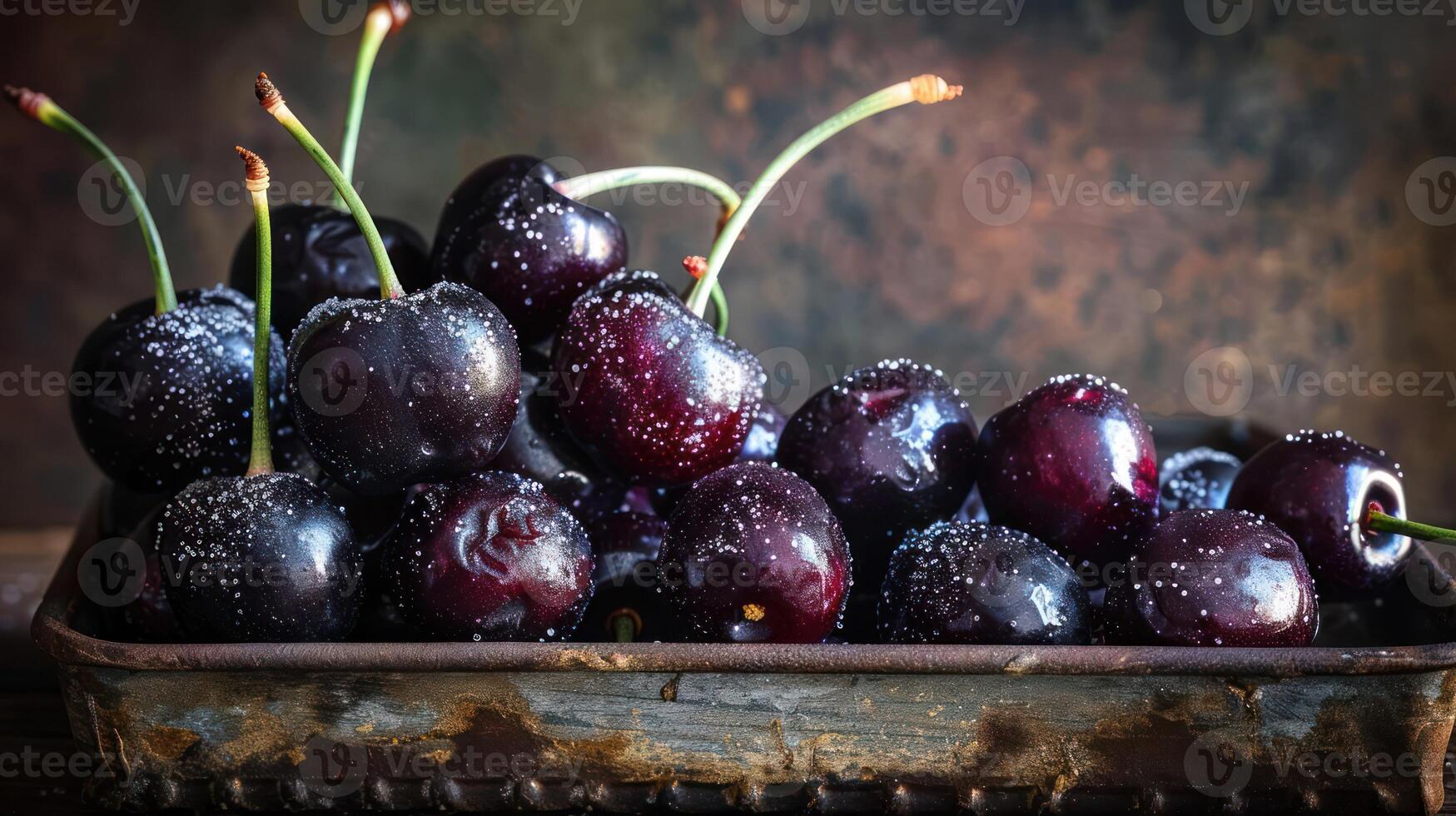 A close-up of fresh, glistening cherries in a rustic tray, showcasing their vibrant color and texture. photo