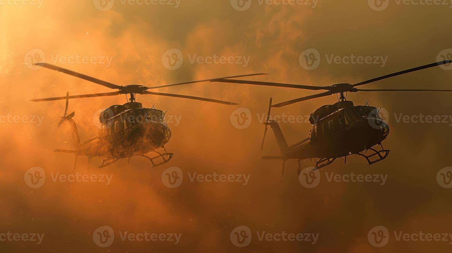 Two helicopters flying through a smoky atmosphere, likely in a firefighting or rescue operation. photo