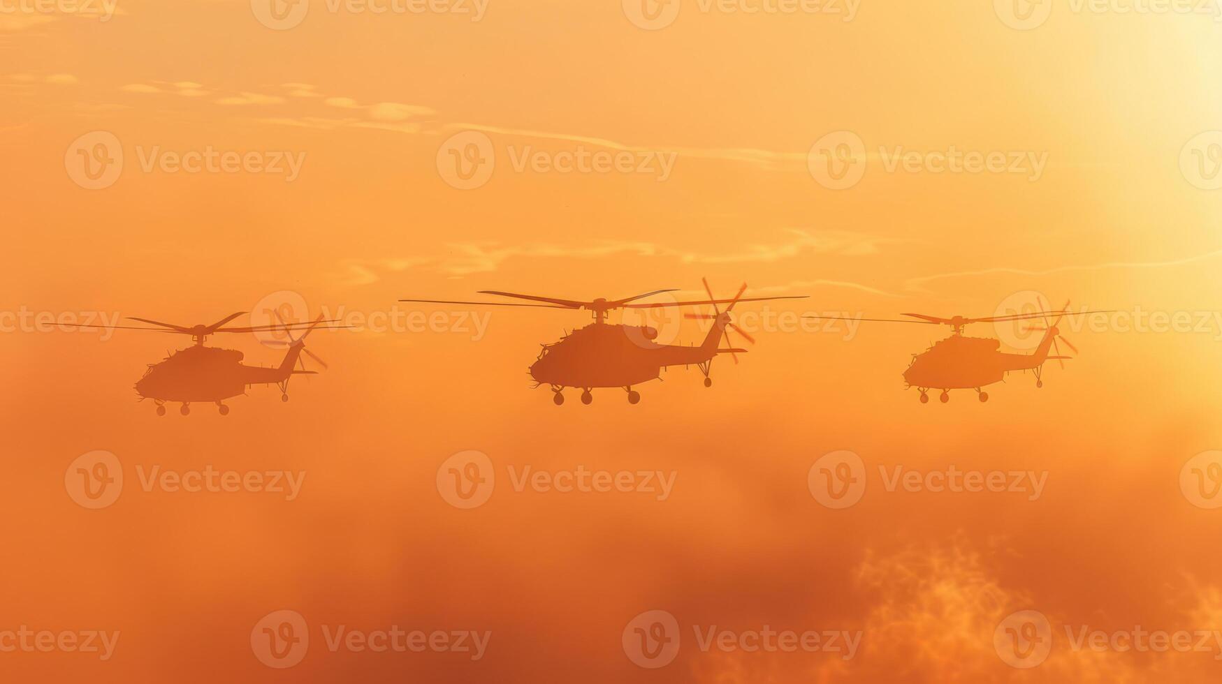 Three helicopters flying in the sunset, creating a dramatic silhouette against the sky. photo