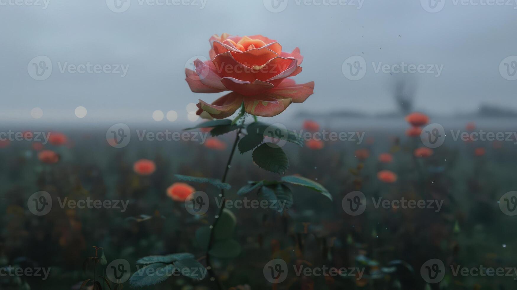 A vibrant rose stands out in a misty field, surrounded by other blooming roses. photo