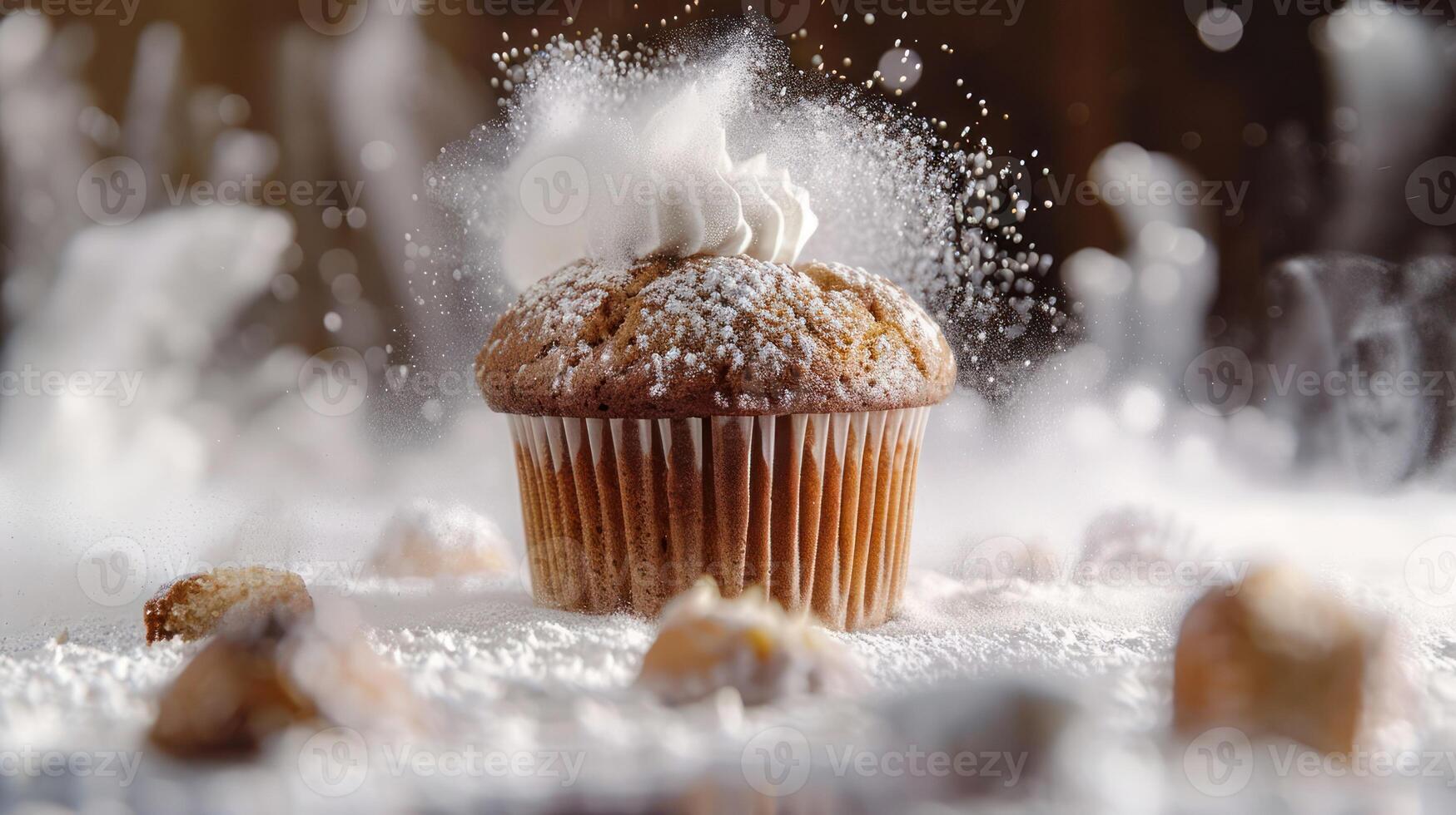 A beautifully decorated cupcake surrounded by powdered sugar and a misty background. photo