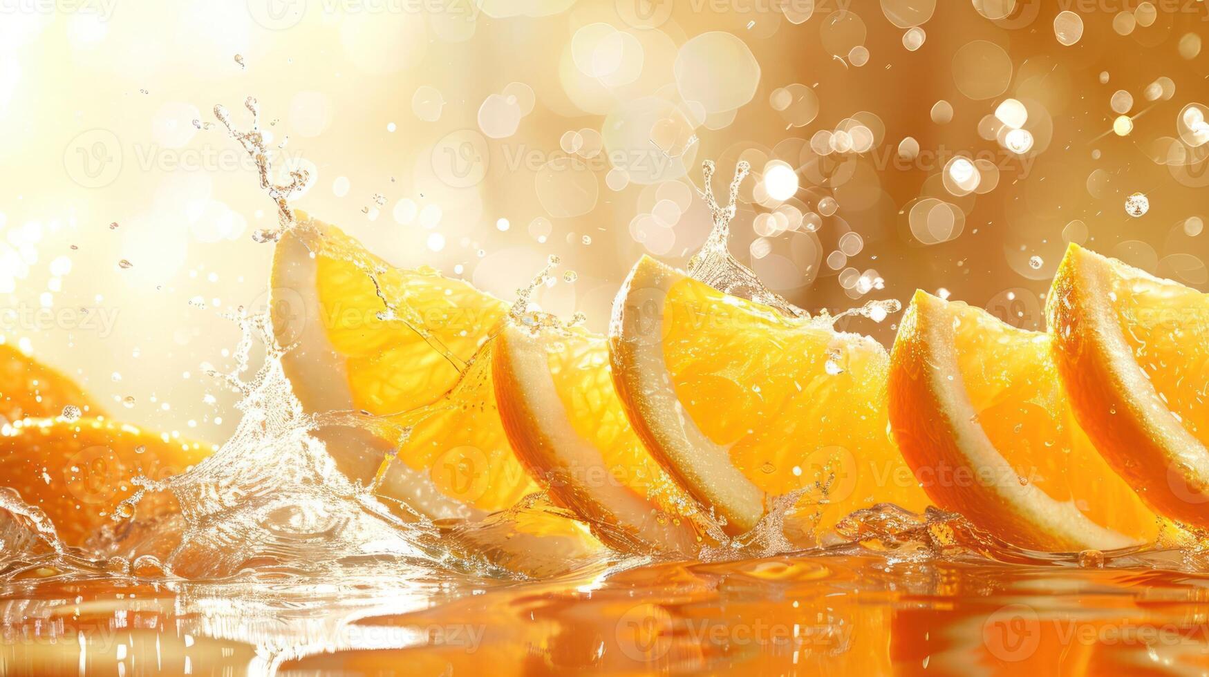 Fresh orange slices create splashes in water, evoking a refreshing and vibrant atmosphere. photo