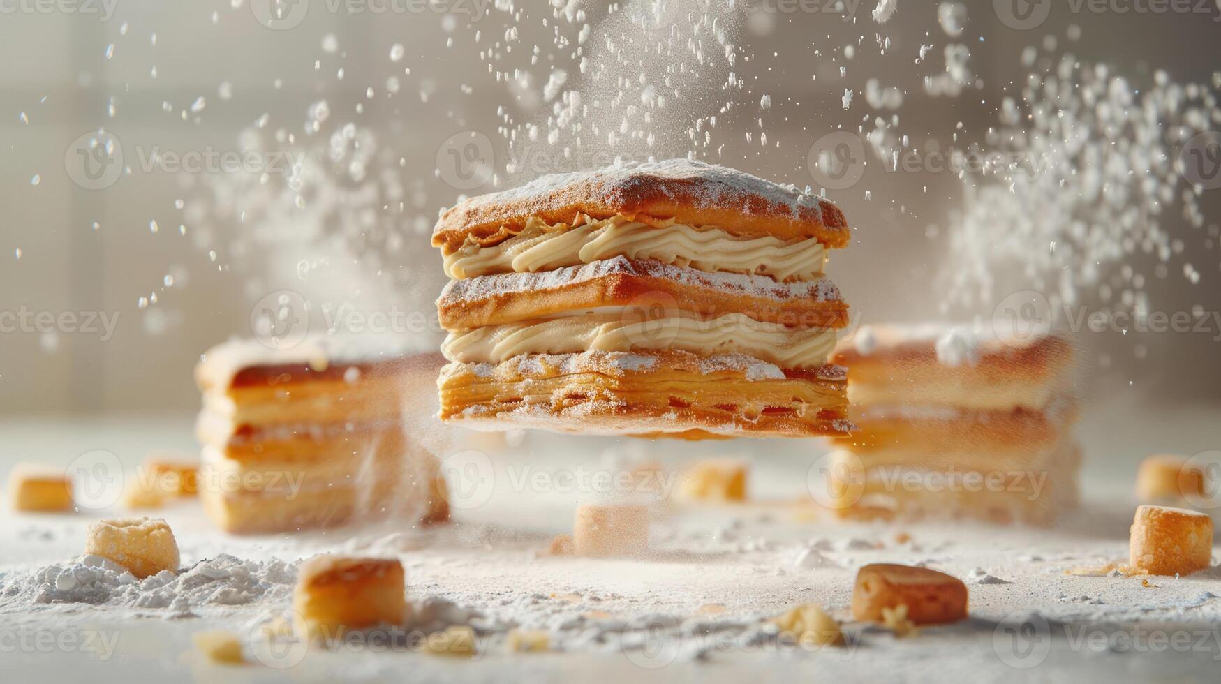 A layered pastry dusted with powdered sugar, floating amidst a cloud of flour. photo