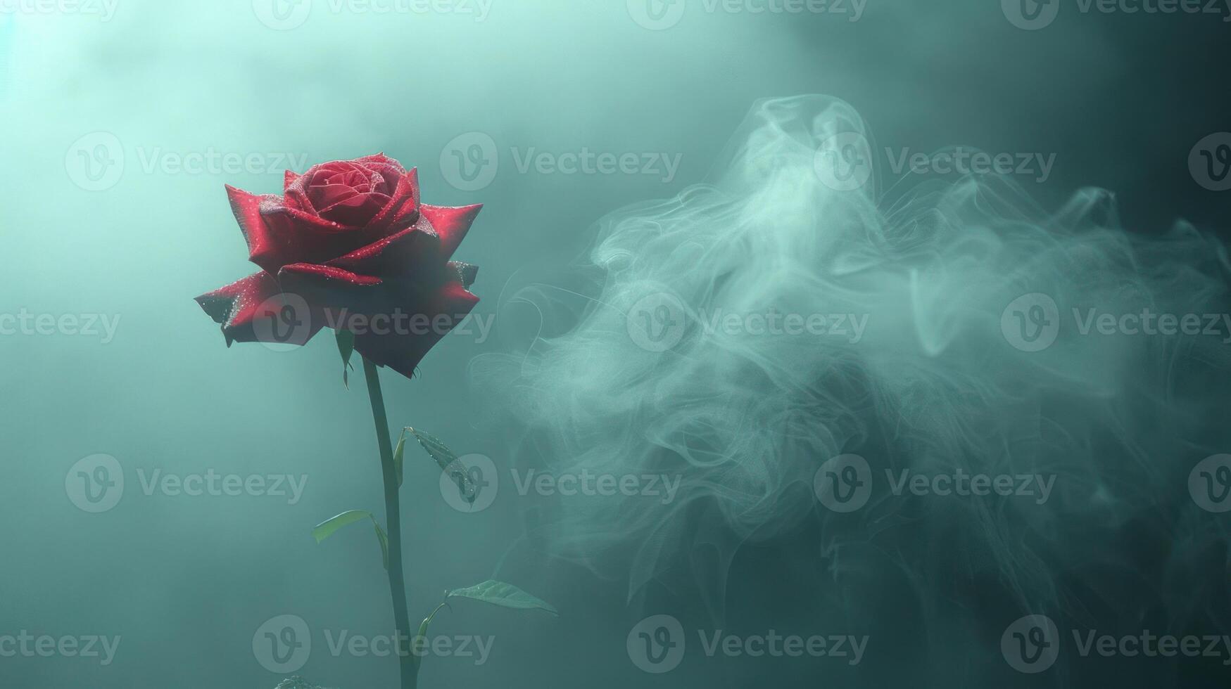A solitary red rose stands amidst ethereal smoke, creating a dramatic and moody atmosphere. photo