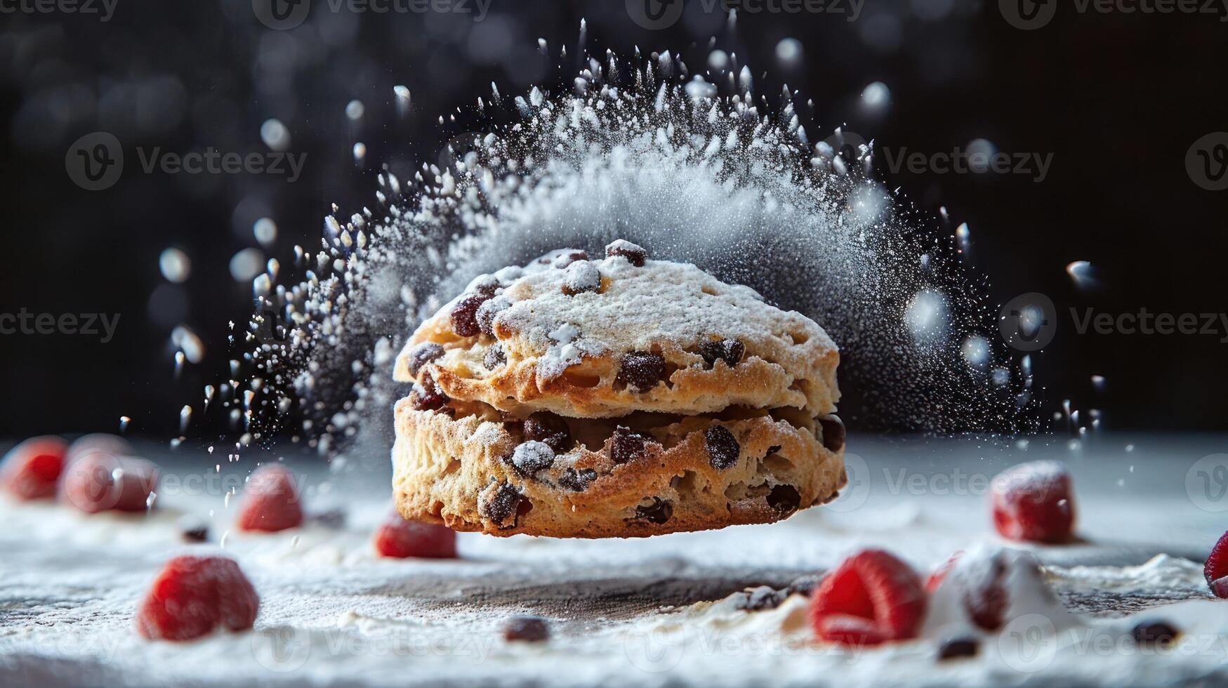 A freshly baked scone with chocolate chips, dusted with powdered sugar, surrounded by raspberries. photo