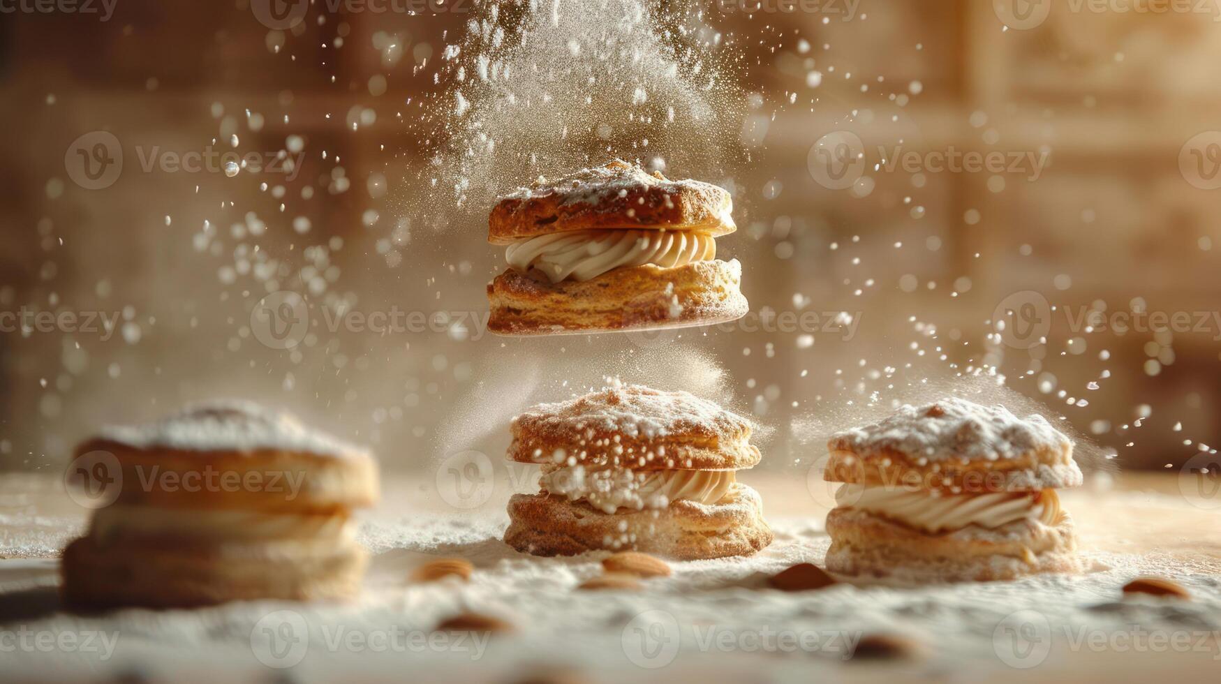 Flaky pastries filled with cream, dusted with powdered sugar, creating an enticing dessert scene. photo
