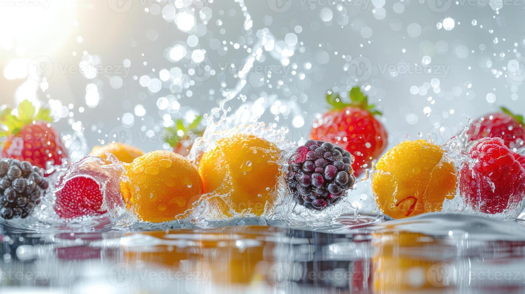Fresh fruits splashing in water, creating a vibrant and refreshing scene. photo