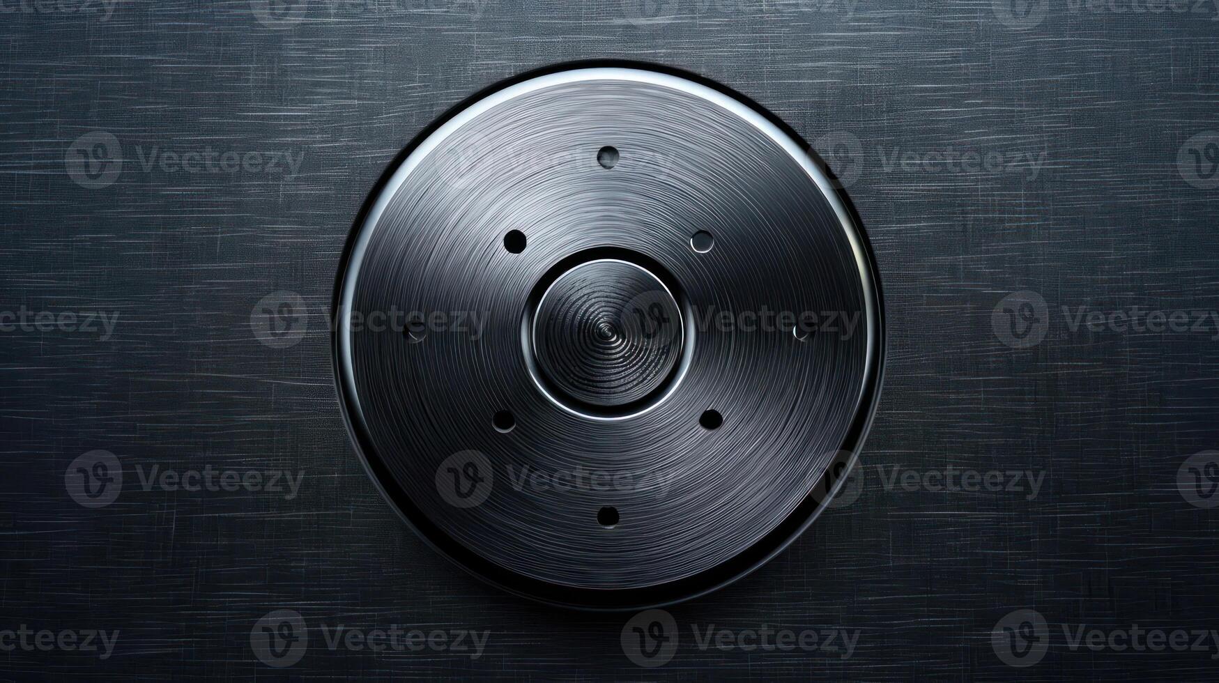 A circular metallic object with a brushed finish and multiple holes, possibly a component or tool. photo