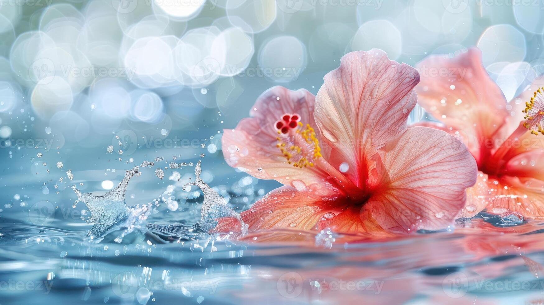 Two pink hibiscus flowers floating on water with a sparkling background. photo