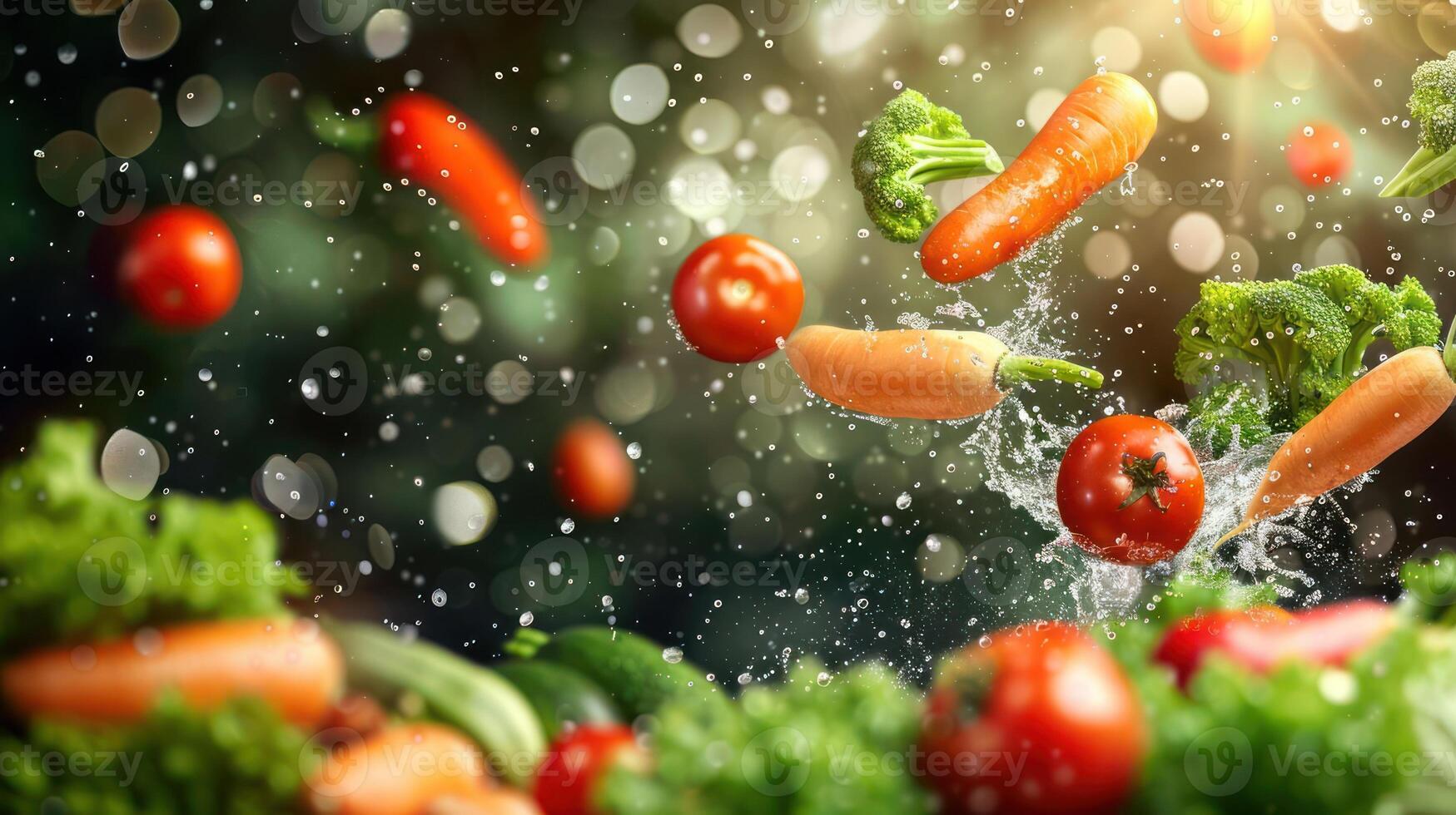 Fresh vegetables splashing in water, highlighting freshness and vitality. photo