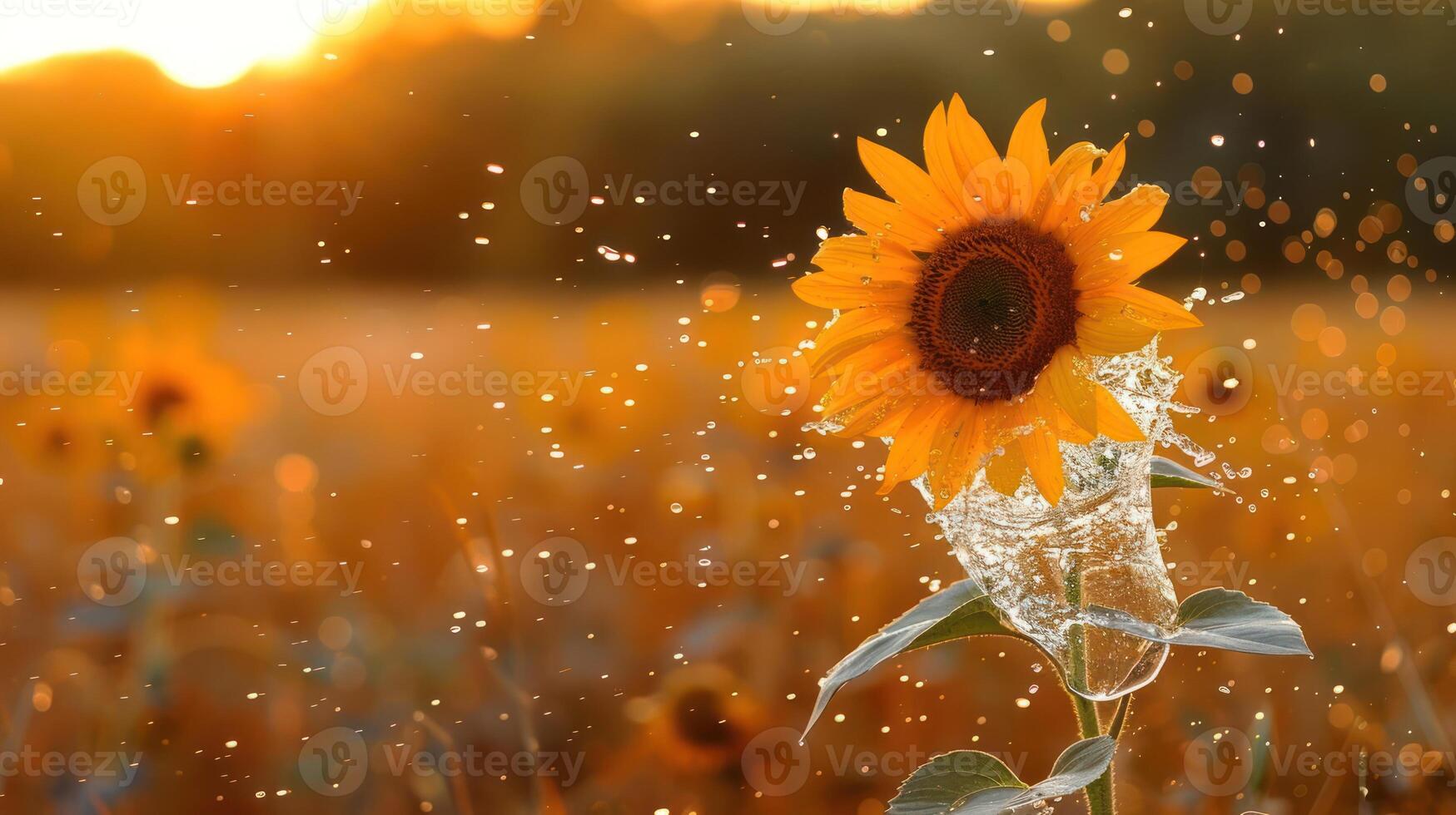 A vibrant sunflower in a field, illuminated by sunset, surrounded by sparkling particles. photo