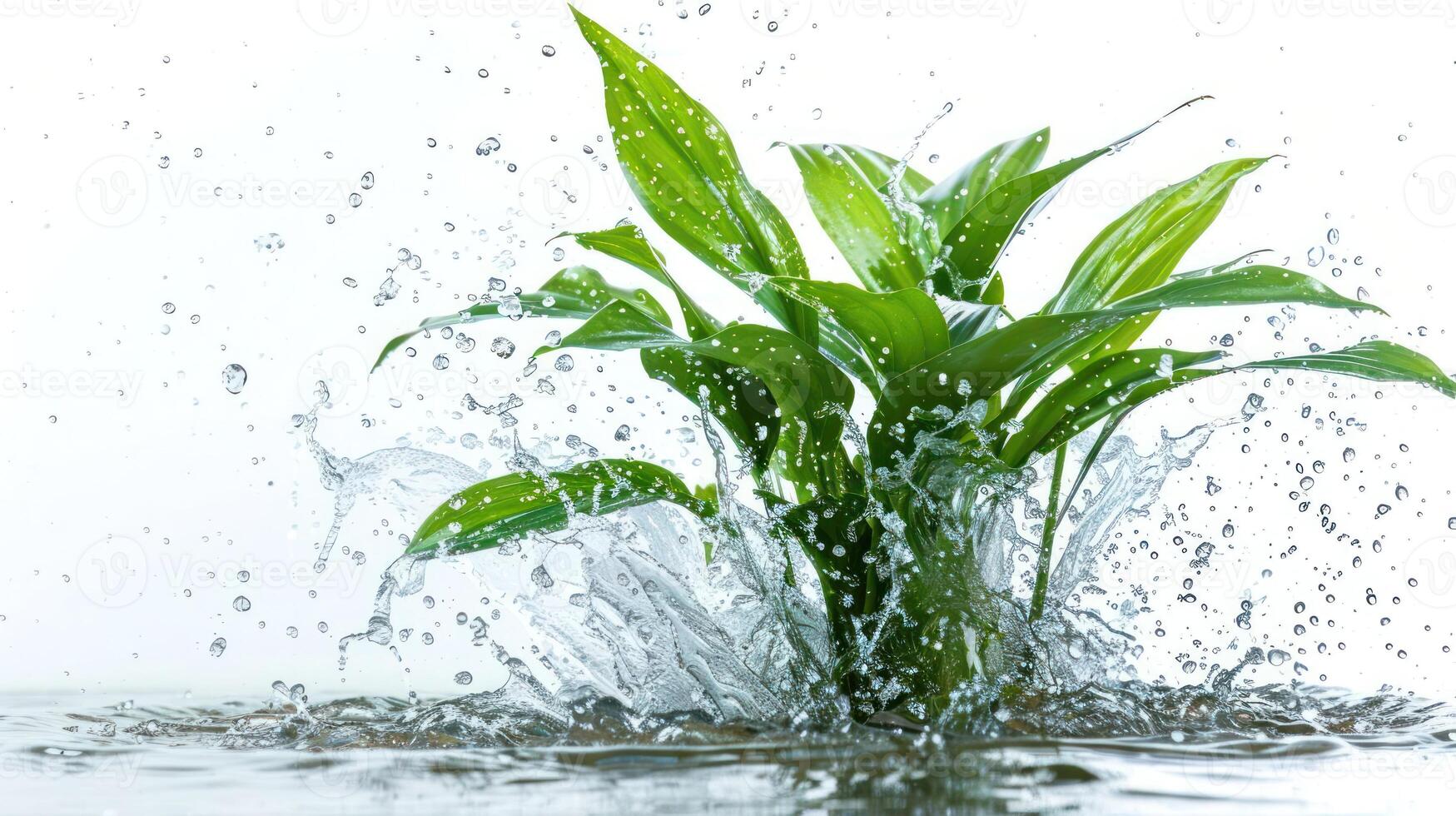 A vibrant green plant splashes water, creating a dynamic, refreshing visual effect. photo