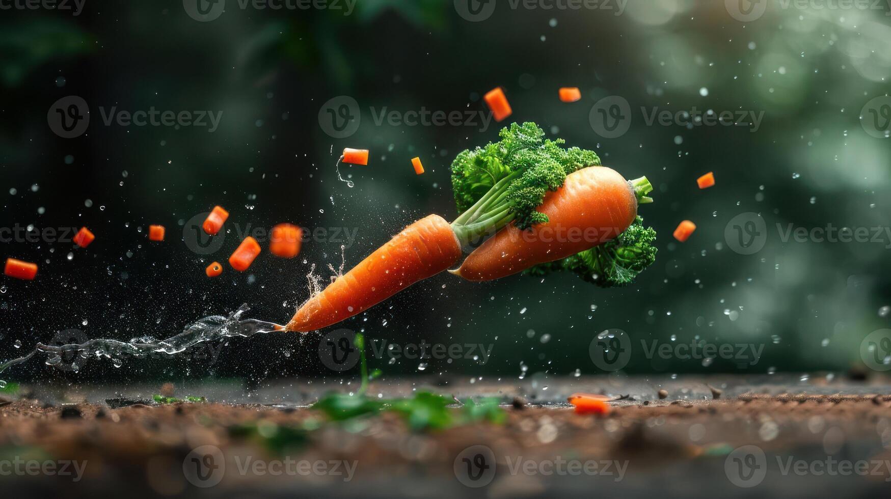 A dynamic splash of carrots and broccoli, highlighting fresh vegetables in a vibrant setting. photo