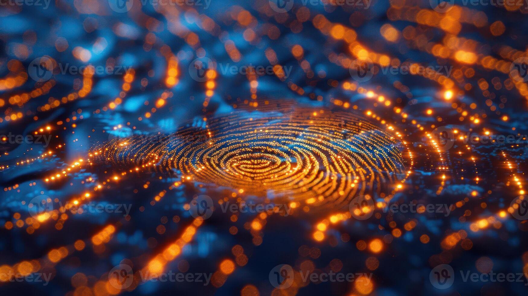 Abstract representation of a fingerprint with glowing particles in a digital environment. photo