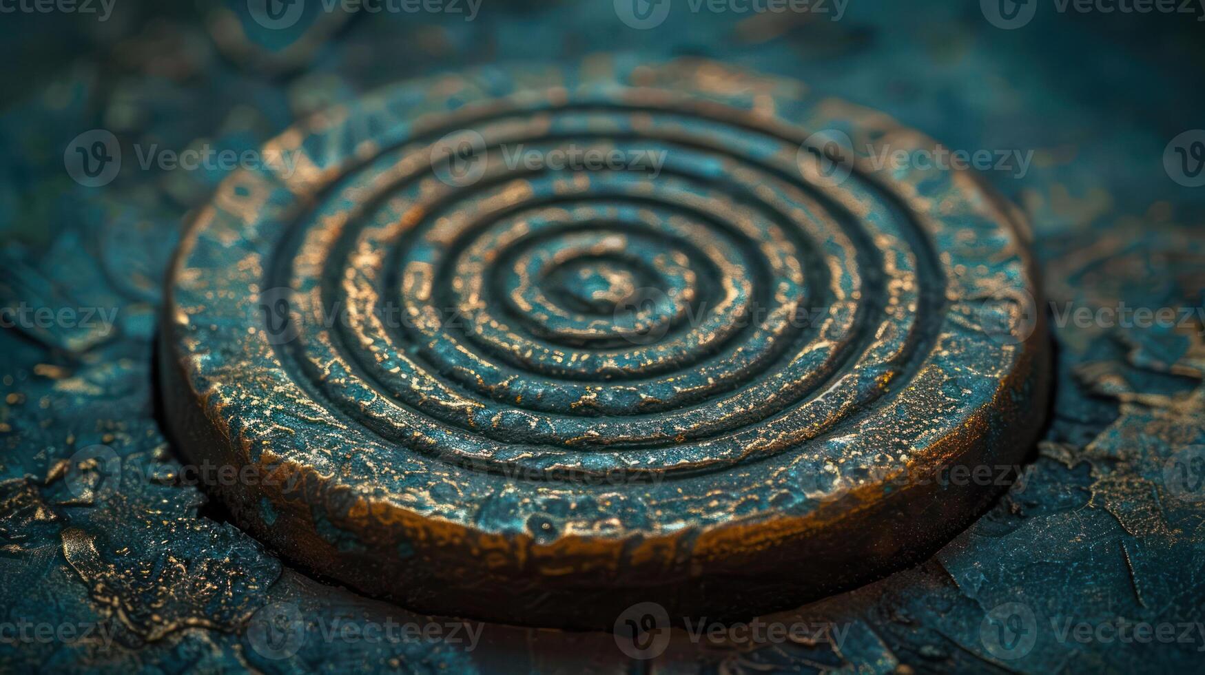A close-up of a circular metal manhole cover with spiral patterns, showcasing texture and detail. photo