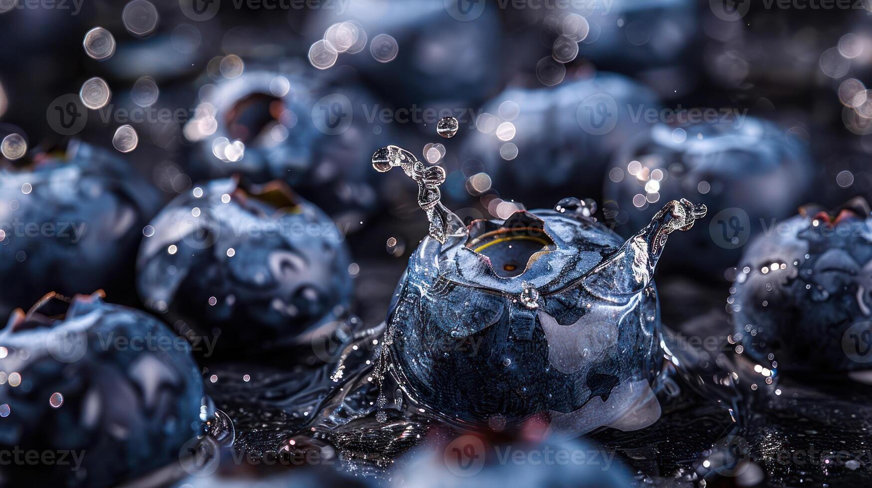 Close-up of blueberries with splashes of water, showcasing freshness and vitality. photo