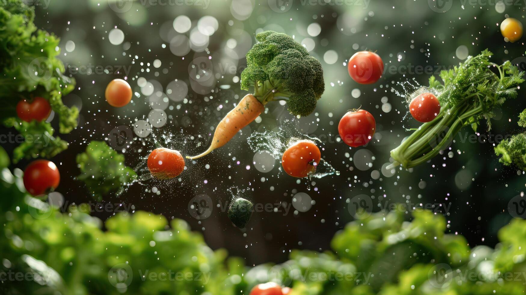 Fresh vegetables splashing in water, showcasing vibrant colors and healthy eating. photo