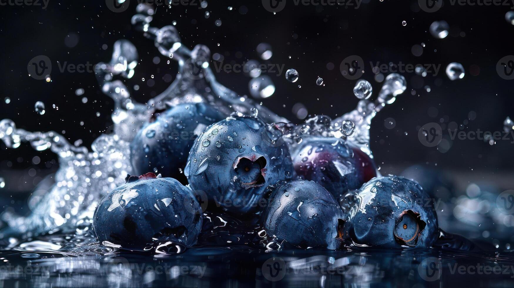 A close-up of blueberries splashing in water, showcasing freshness and vitality. photo
