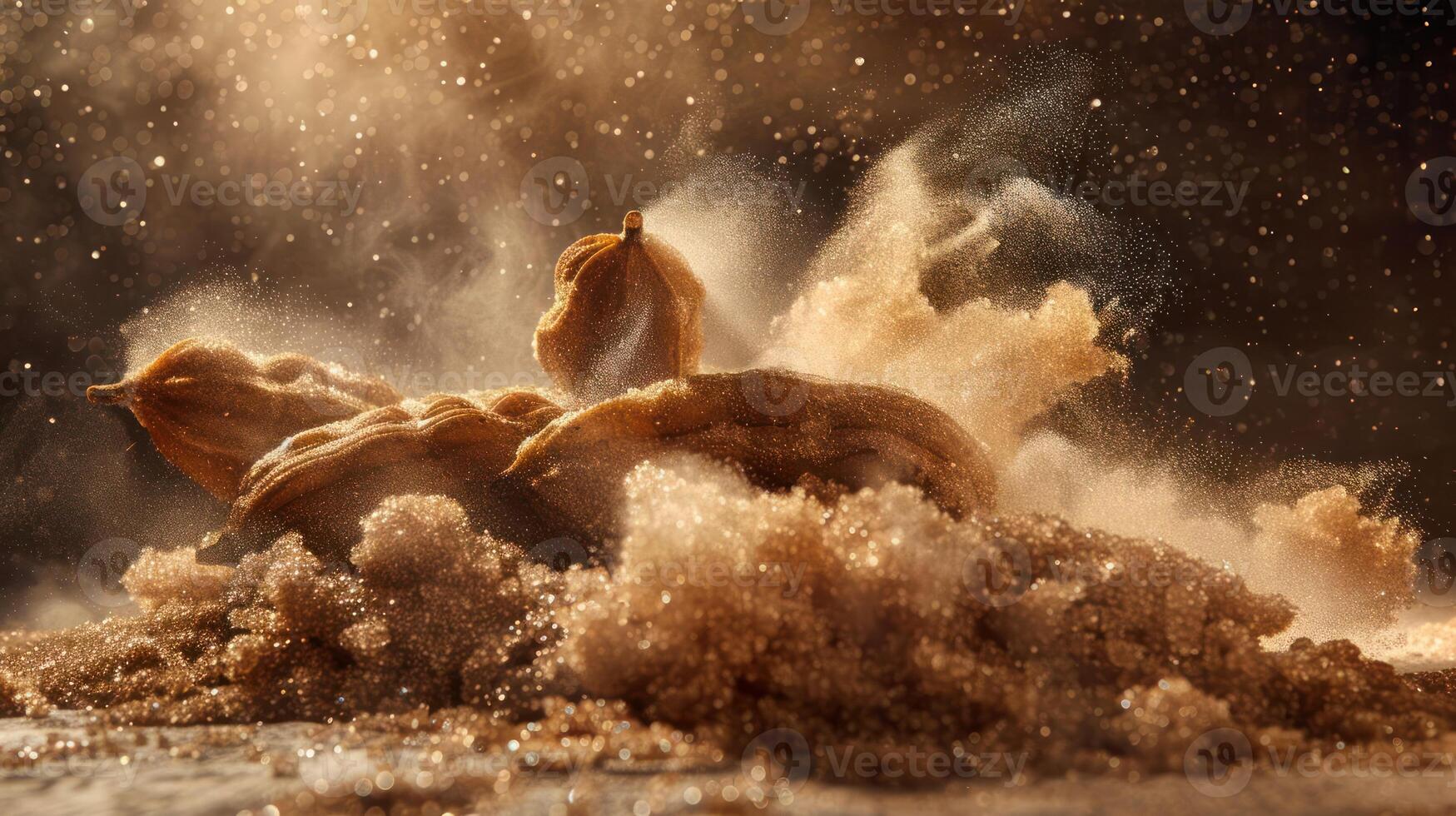 A dynamic arrangement of organic forms surrounded by a cloud of fine particles. photo