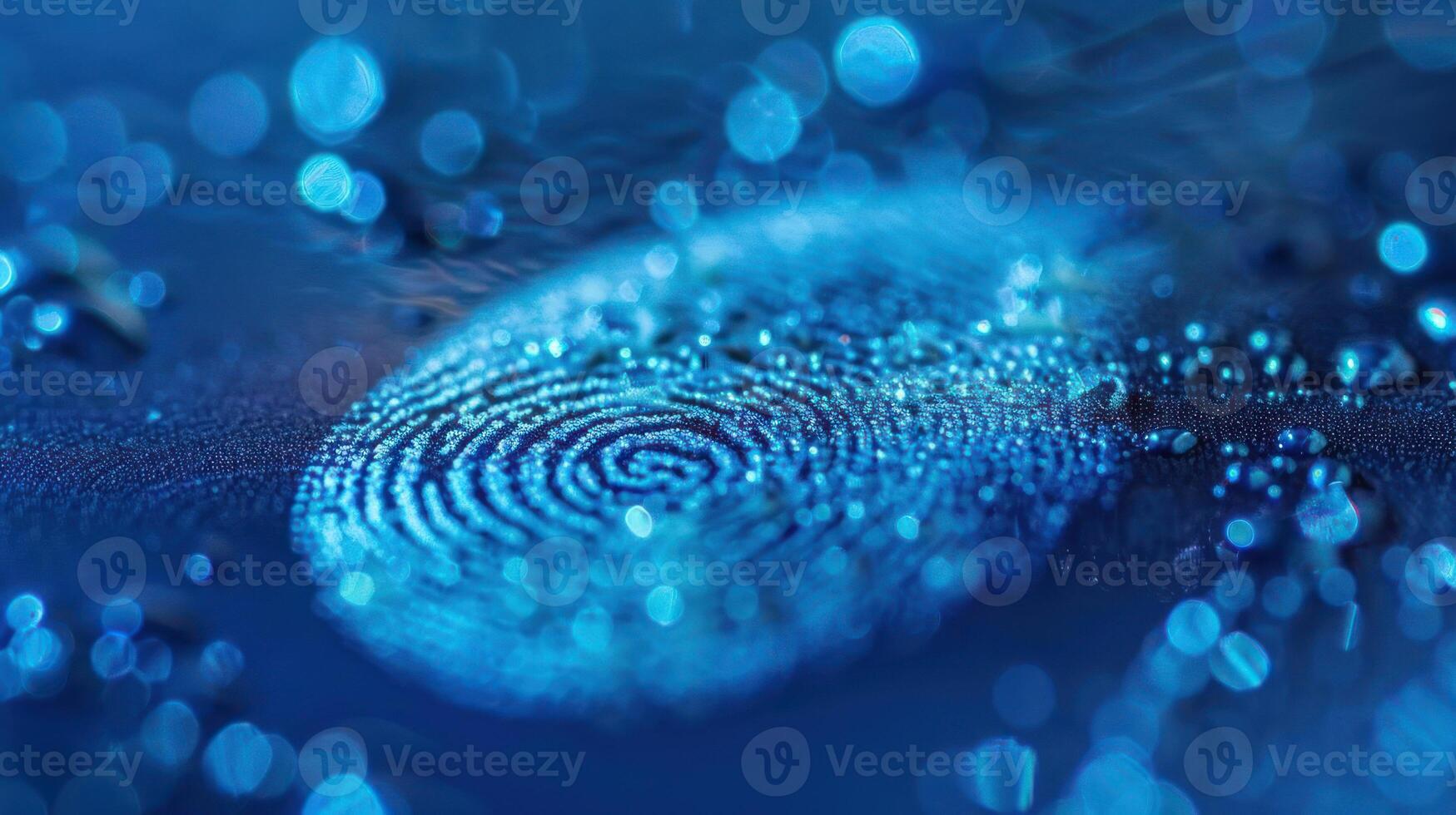 A close-up of a blue fingerprint surrounded by water droplets, emphasizing identity and security. photo