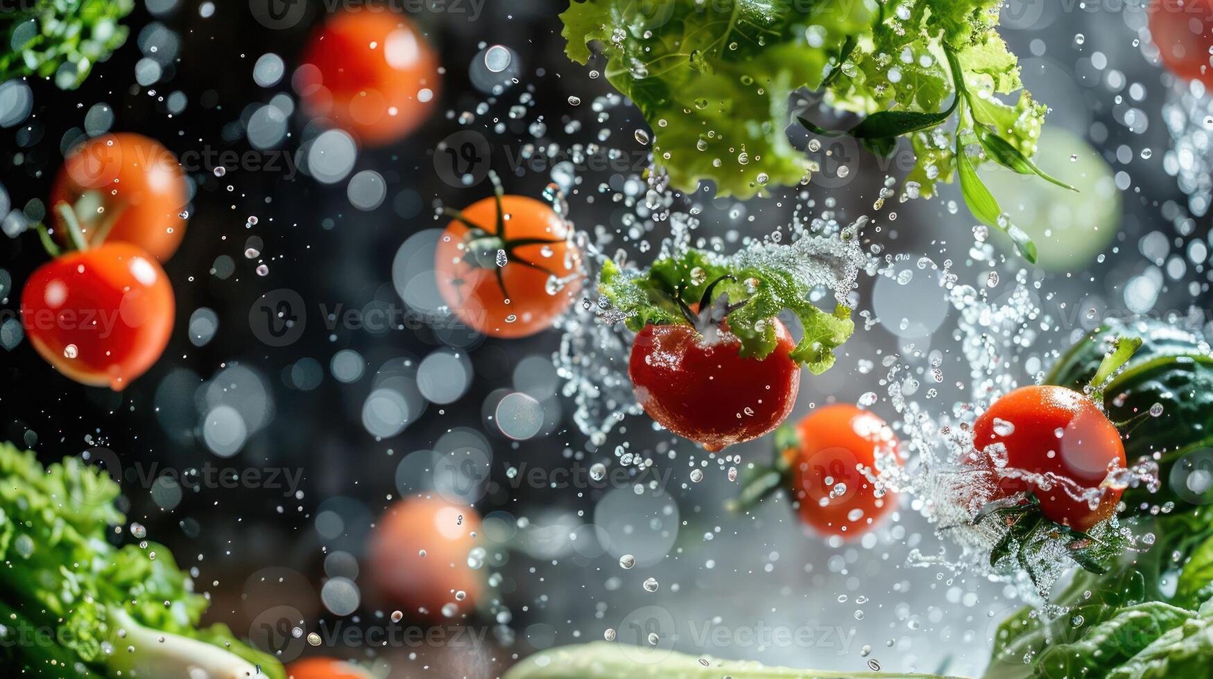 Fresh vegetables, including tomatoes and lettuce, splashing in water, highlighting freshness. photo