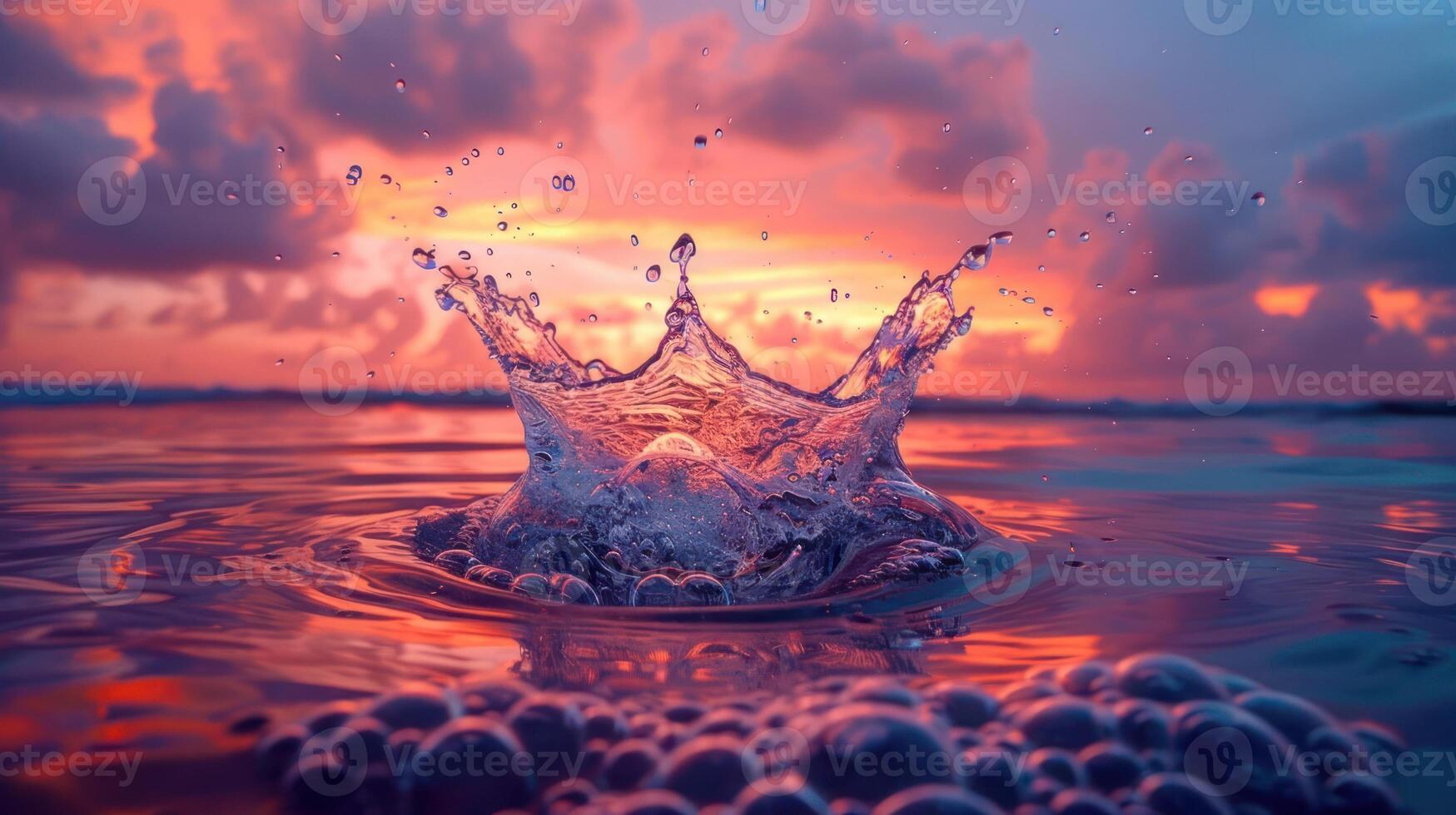 A vibrant sunset reflecting on water with a splash creating ripples and bubbles. photo