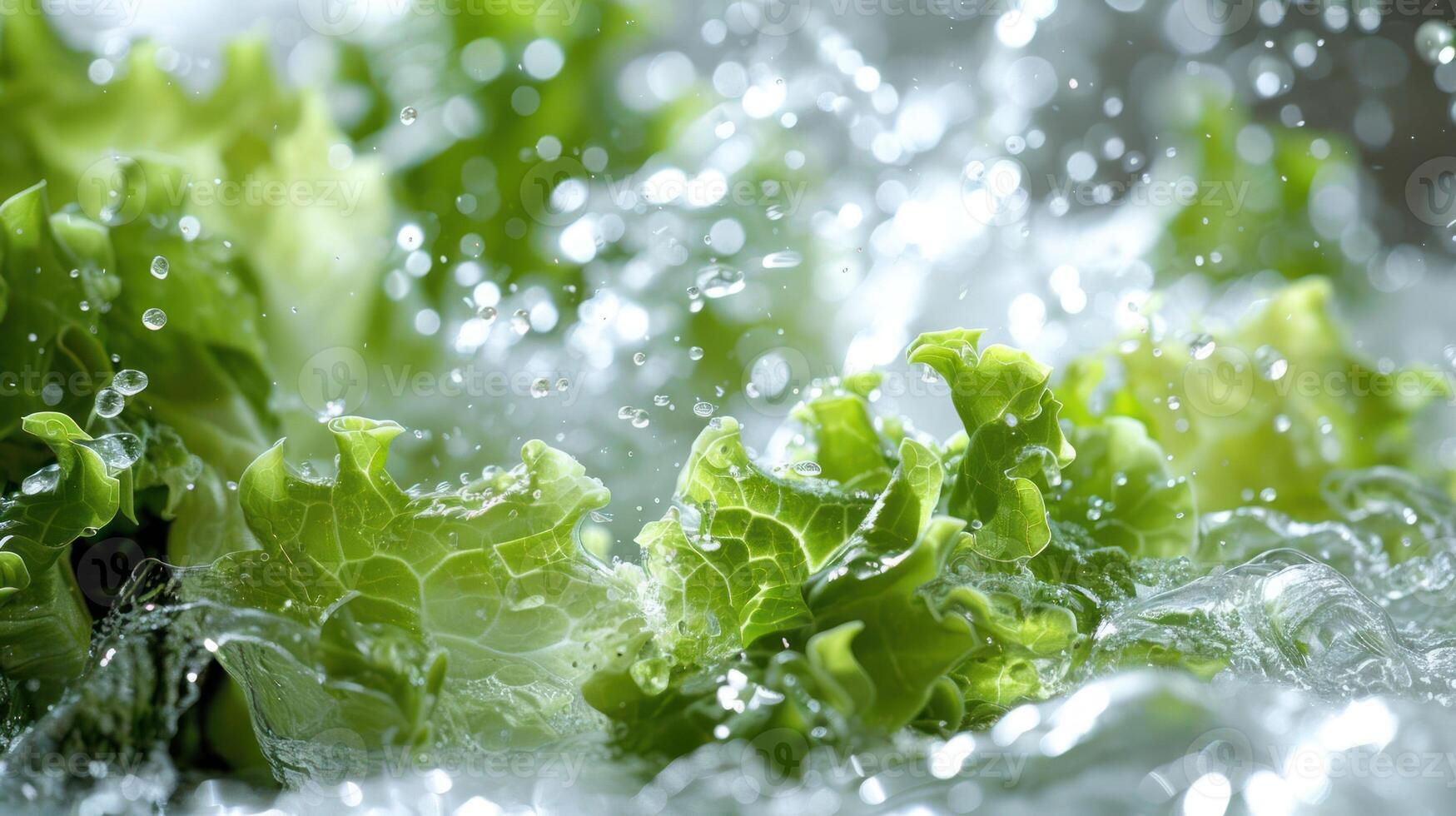 Fresh lettuce being washed, showcasing water droplets and vibrant green leaves. photo