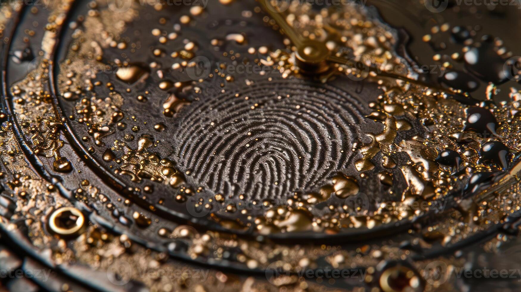 A close-up of a watch face with a fingerprint pattern and droplets of water. photo