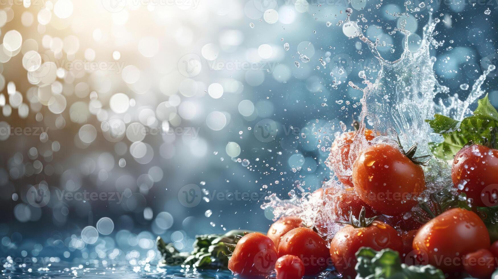 Fresh tomatoes splashing in water with a blurred background of light reflections. photo