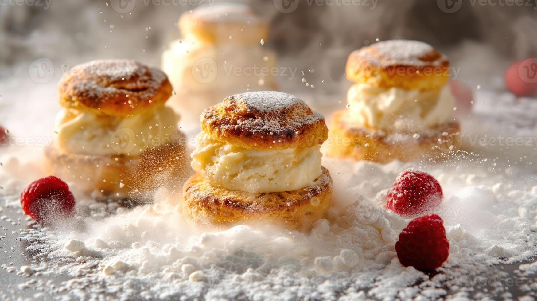 Delicious ice cream sandwiches dusted with powdered sugar and surrounded by raspberries. photo