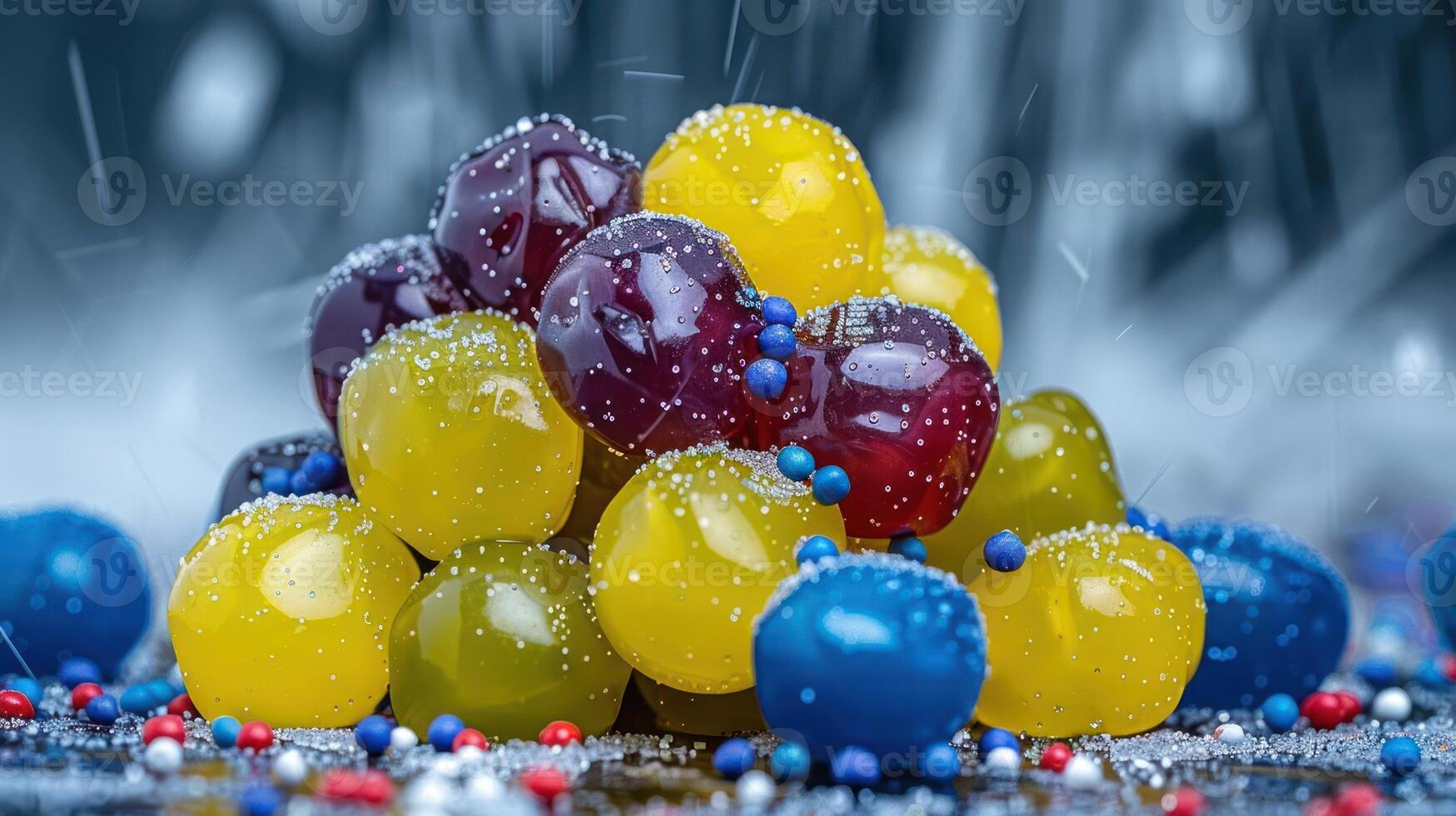 A colorful arrangement of jelly candies resembling a cluster, set against a blurred background. photo