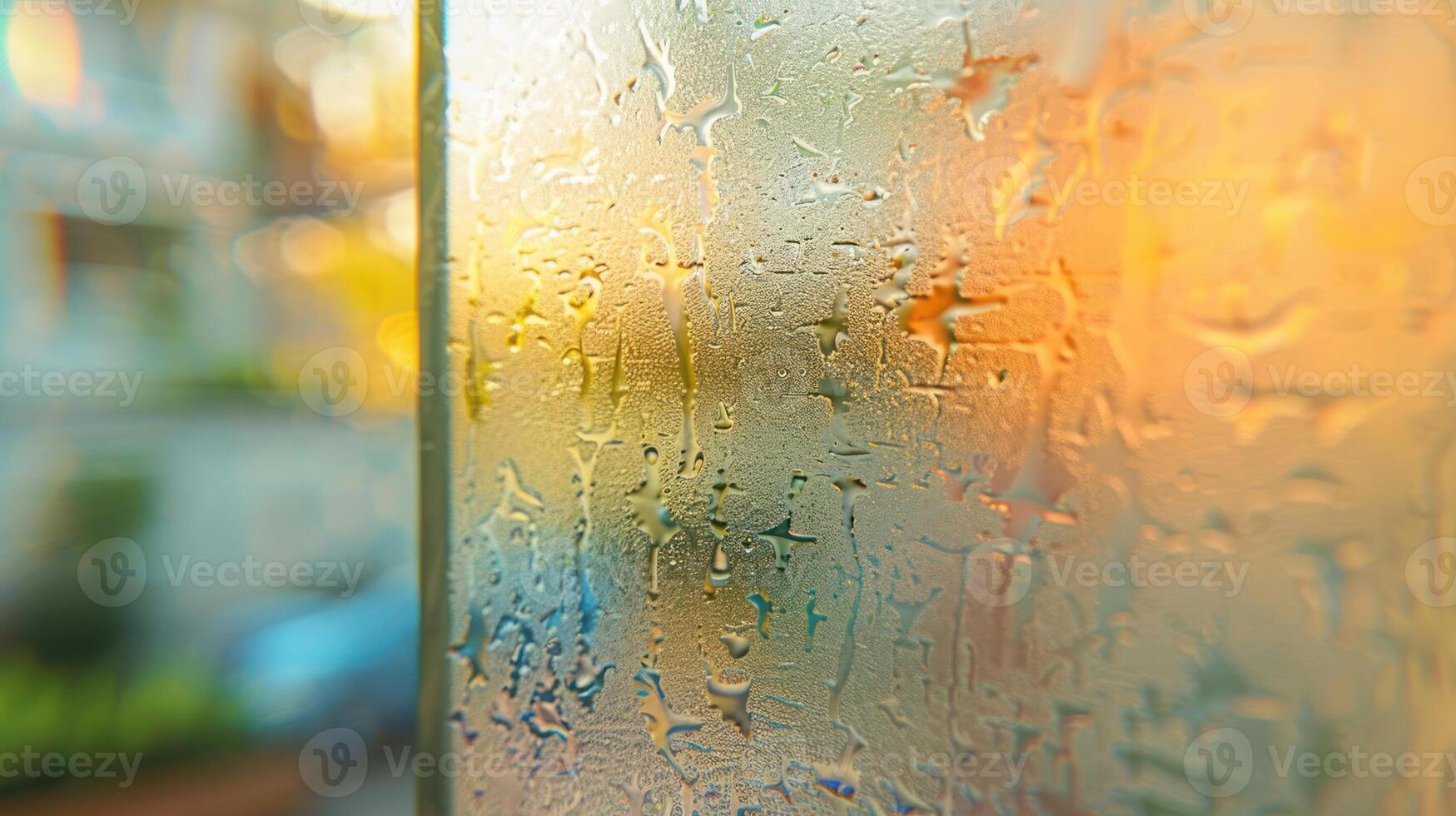 A close-up of a frosted glass pane with water droplets, capturing a warm, colorful background. photo