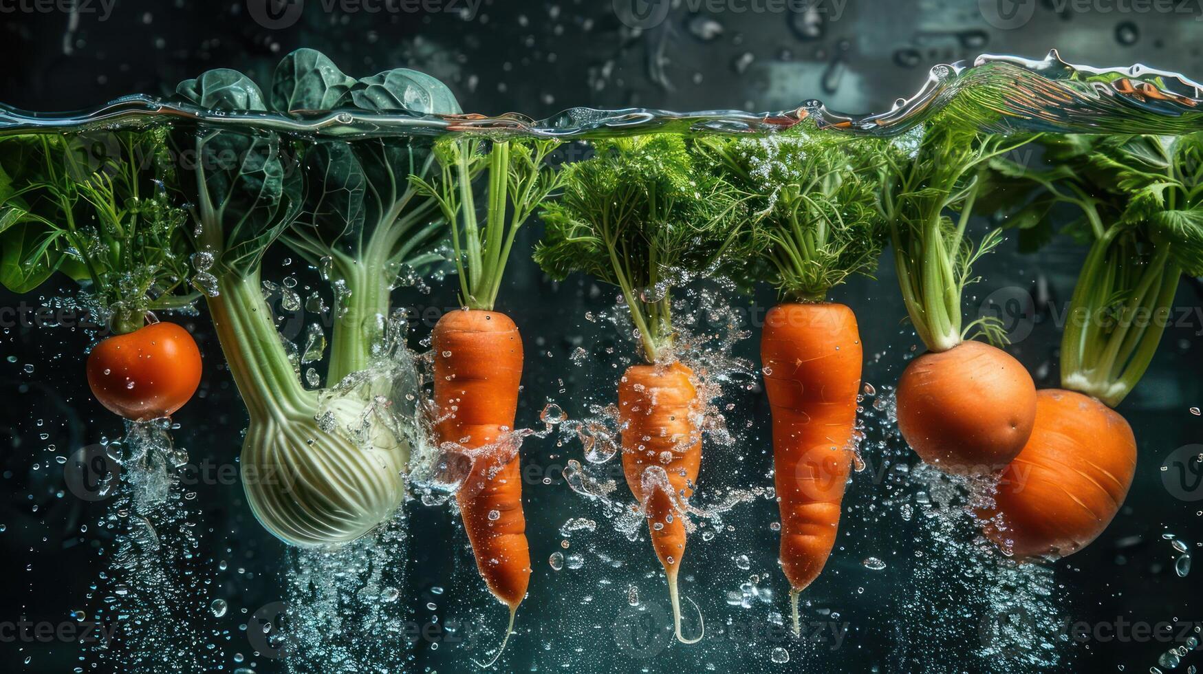 Fresh vegetables submerged in water, showcasing vibrant colors and textures. photo
