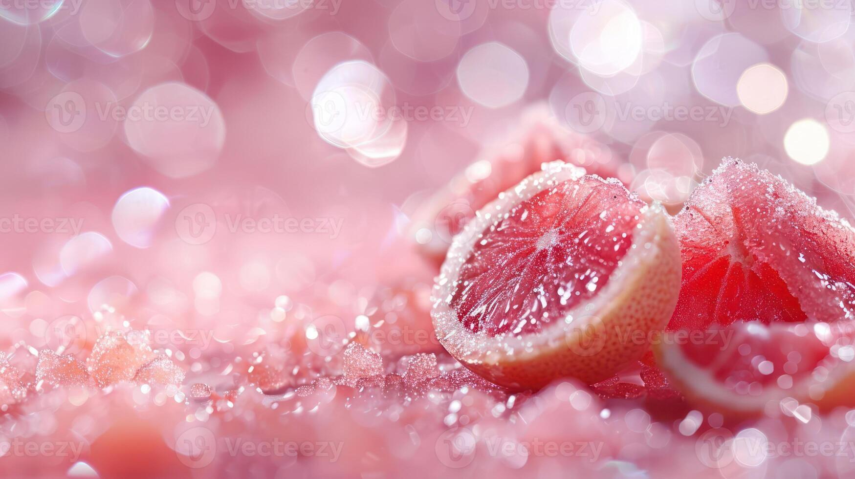 A close-up of sugared grapefruit slices on a pink, bokeh background. photo