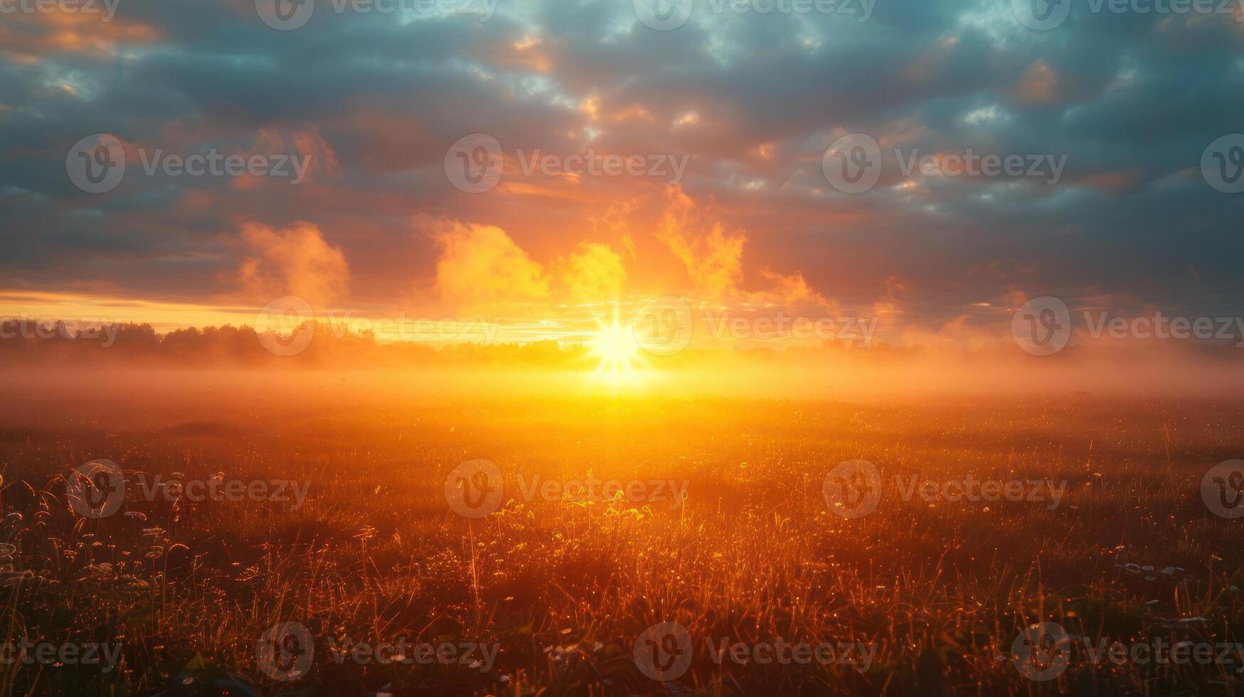 A stunning sunrise over a misty field, with vibrant colors illuminating the landscape. photo