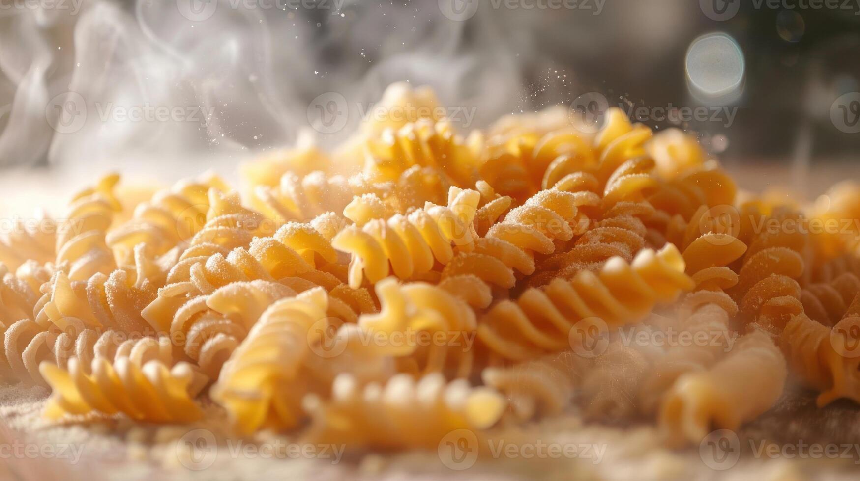 A close-up of uncooked fusilli pasta on a surface, surrounded by steam. photo