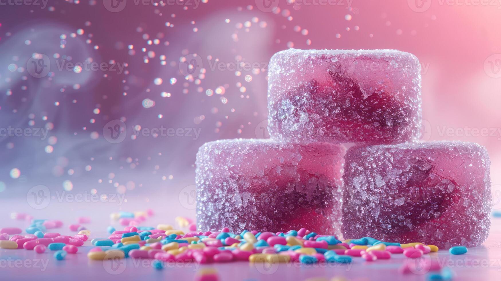 Colorful gelatin cubes with sugar and sprinkles create a whimsical dessert scene. photo