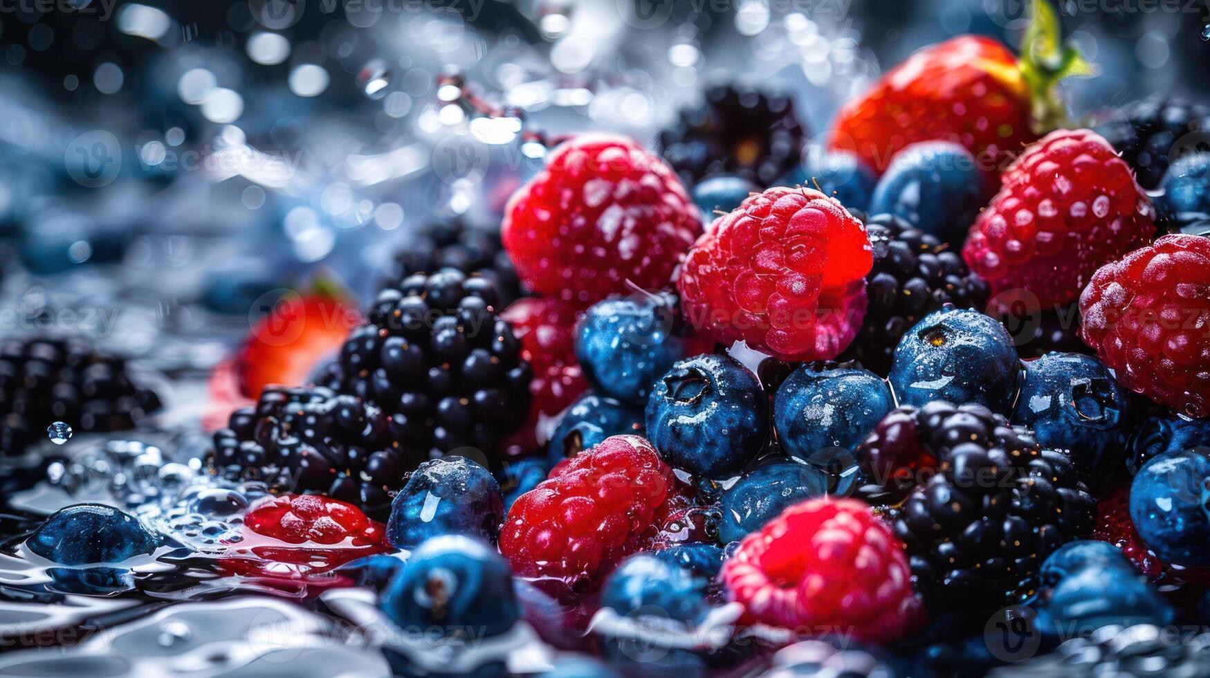 A vibrant assortment of berries splashing in water, highlighting freshness and vitality. photo
