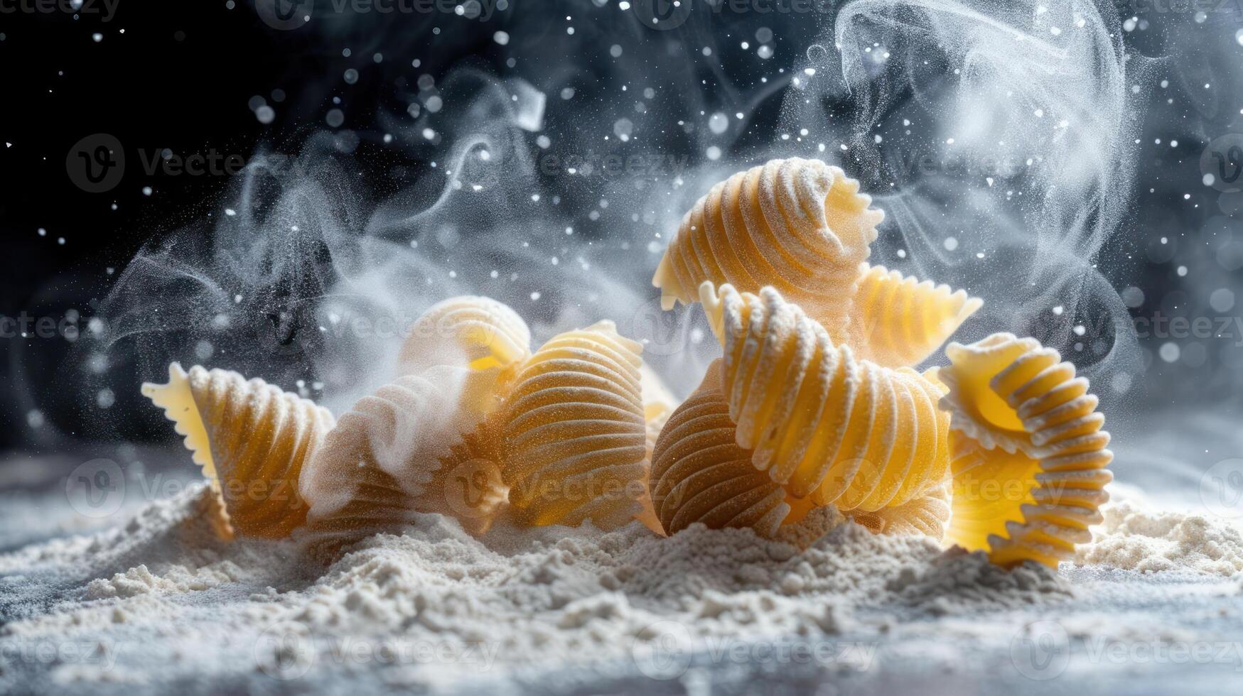 A pile of spiral pasta resting in flour, with steam and droplets creating a dynamic effect. photo