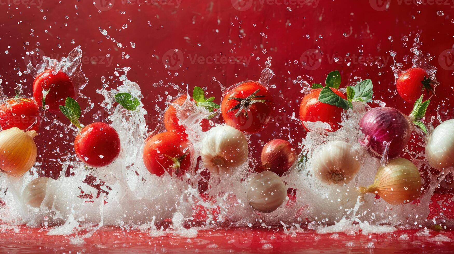 Fresh tomatoes and onions splash in water against a vibrant red background. photo