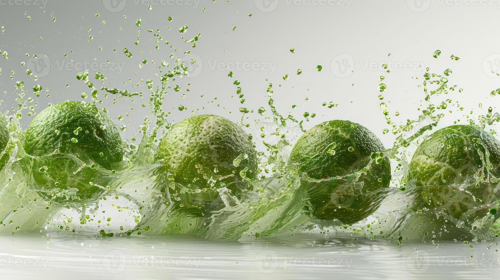 Fresh limes splashing in water, showcasing vibrant colors and dynamic movement. photo